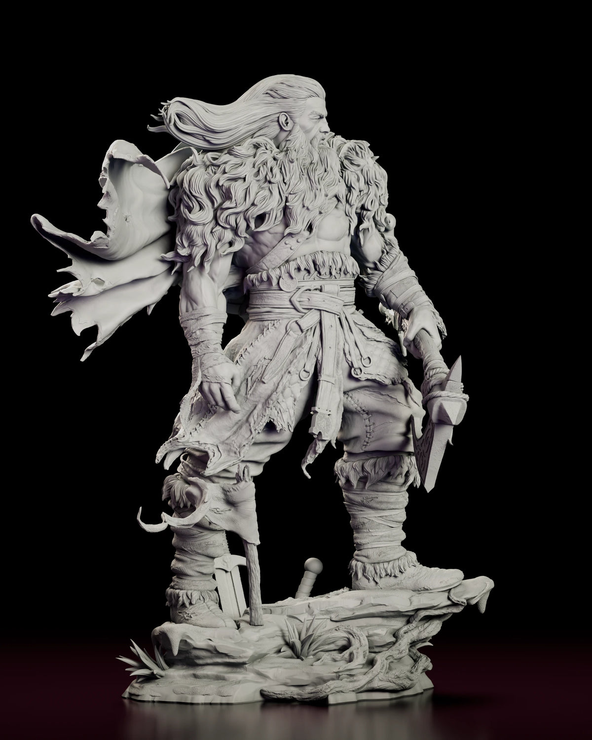 Right side view of The Northman resin model showing the streaming hair and cloak and the belt hung with rings and straps