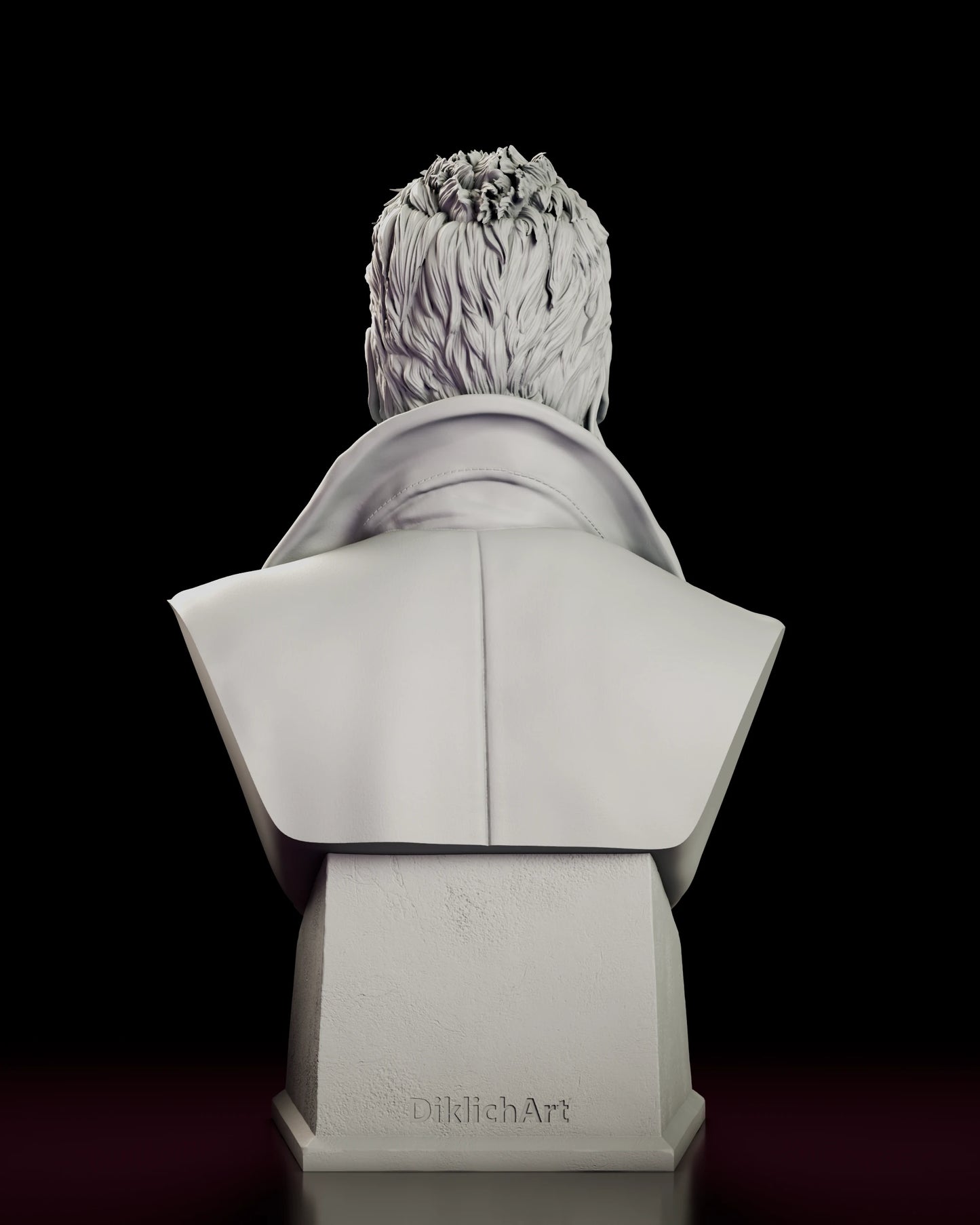 Rear view of the David bust figure model kit showing the layered hair, the turned coat collar and the sculptor mark on the plinth