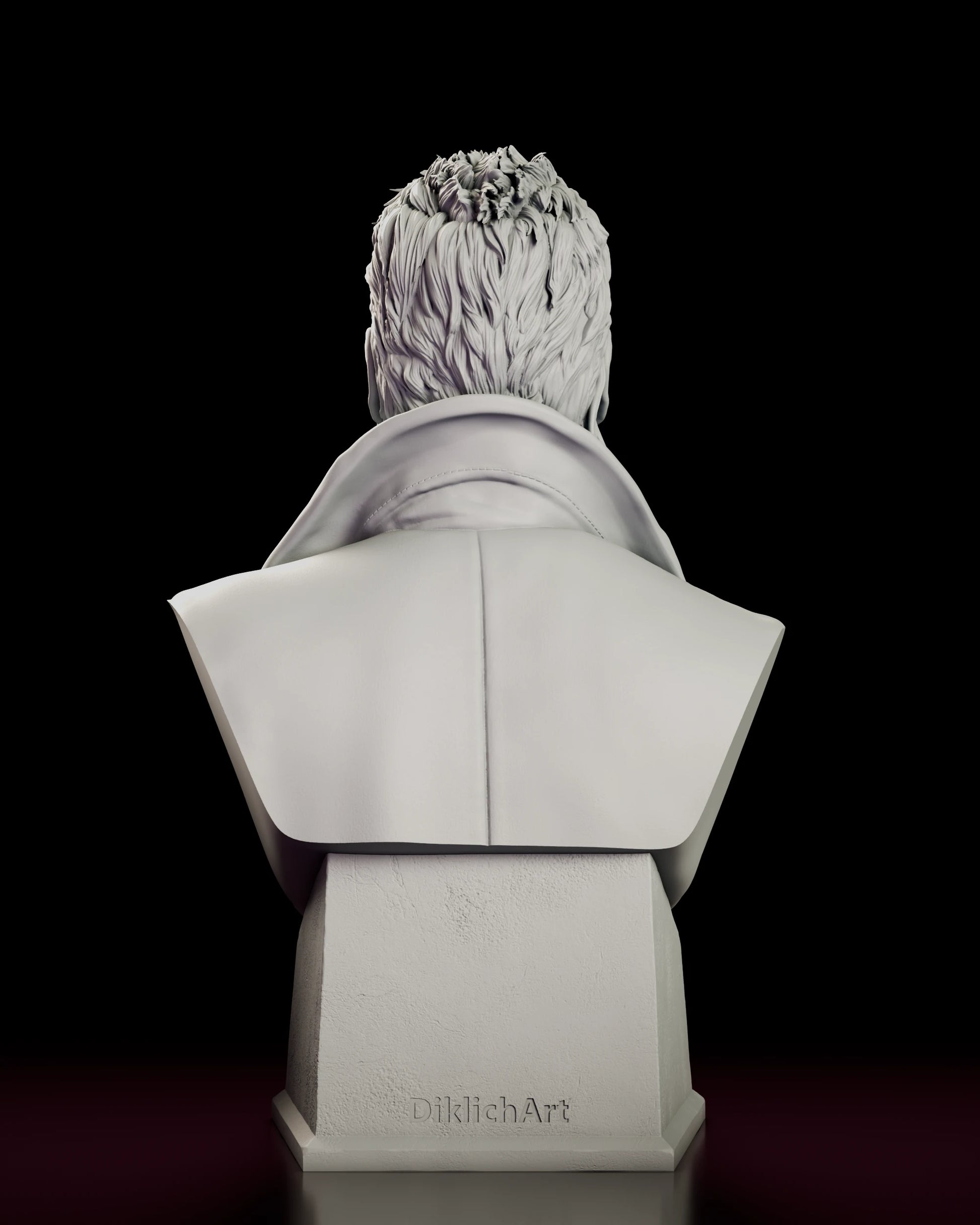 Rear view of the David bust figure model kit showing the layered hair, the turned coat collar and the sculptor mark on the plinth