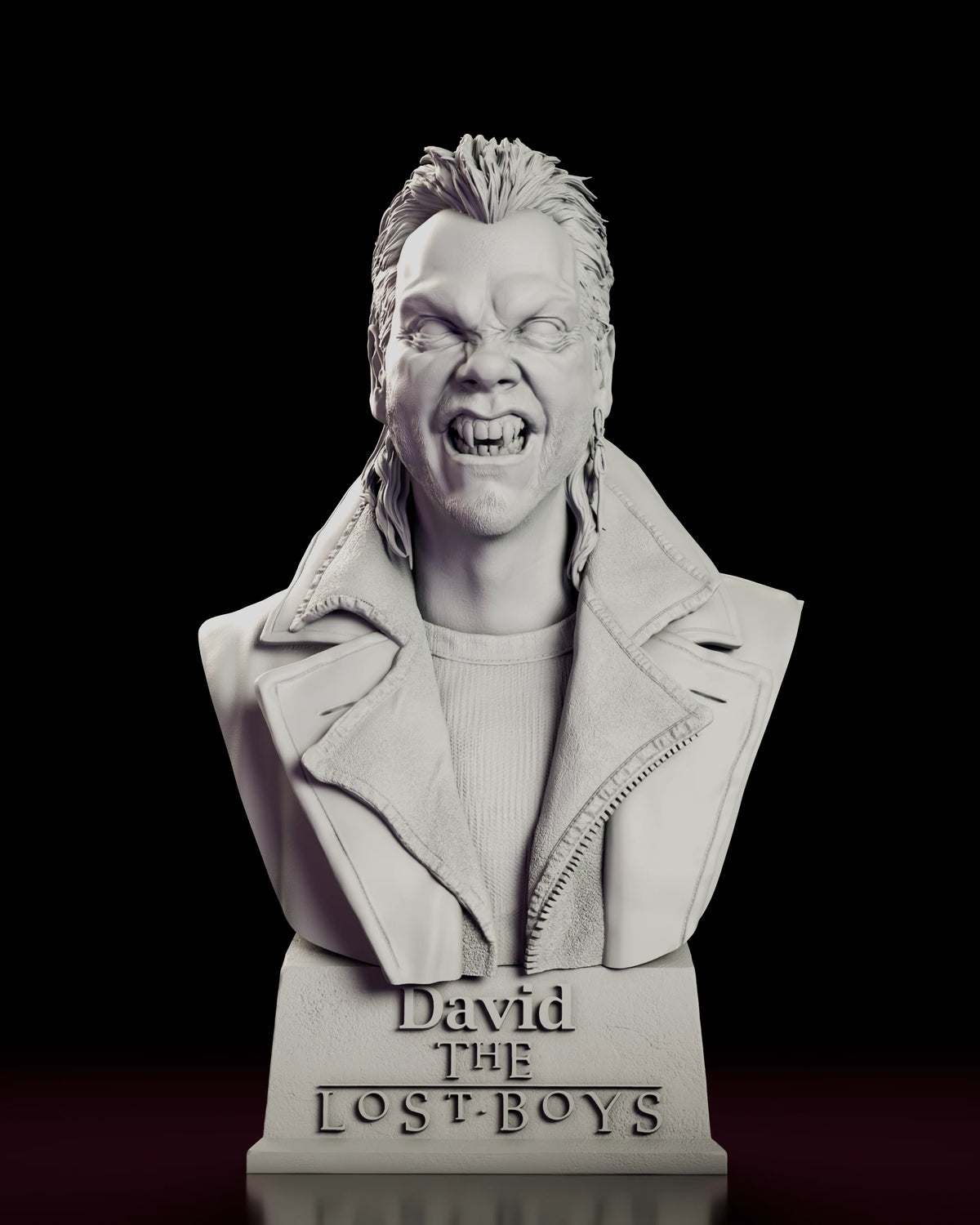 Front view of the David bust figure model kit on a plinth lettered with his name above The Lost Boys