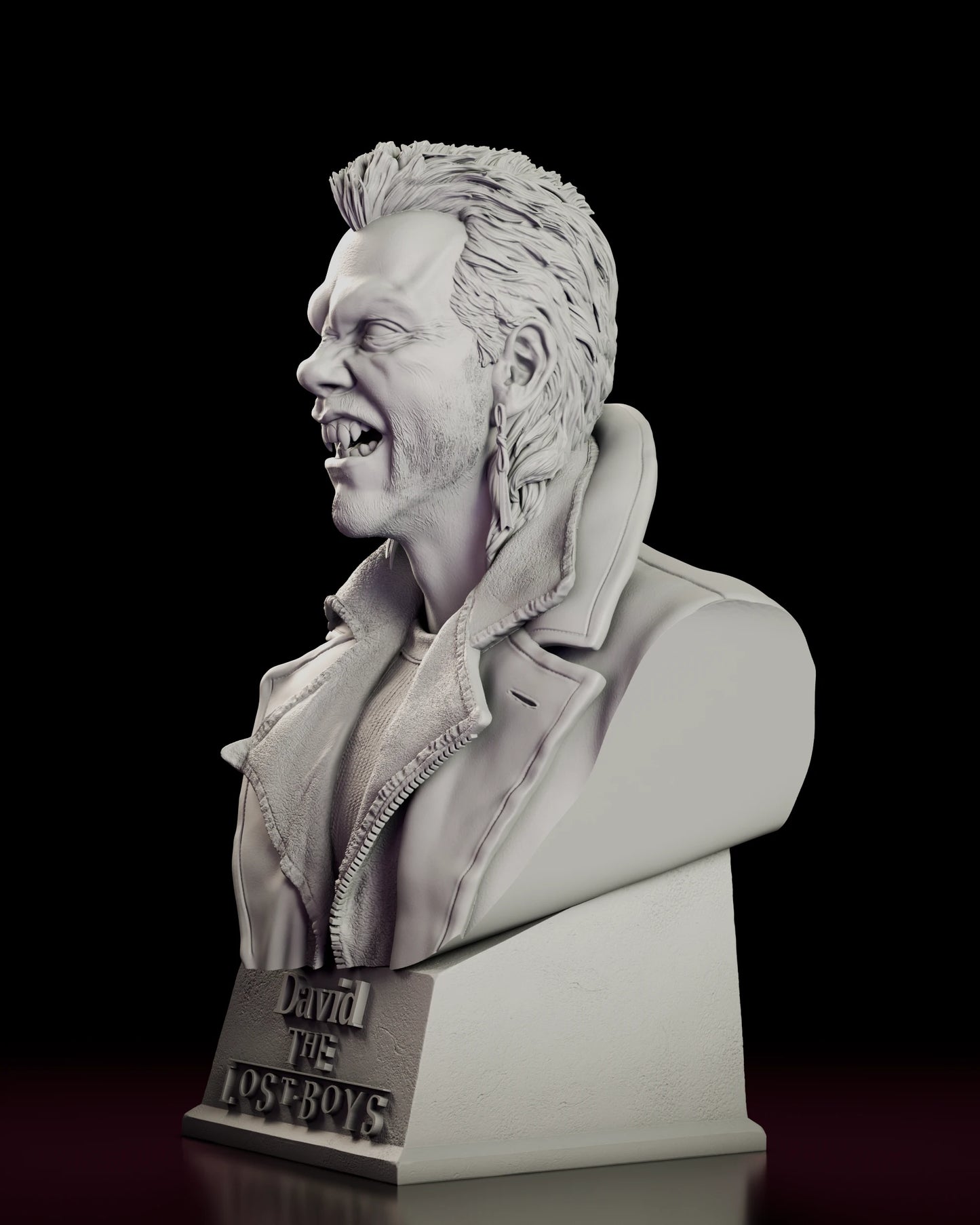 Left side view of the David bust figure model kit showing the earring against the hair and the shoulder line of the coat