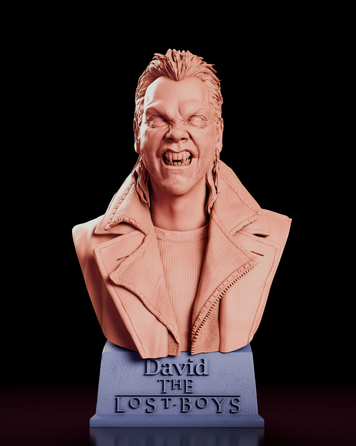 Parts breakdown render of the David bust figure model kit showing the bust and the stepped plinth as separate components