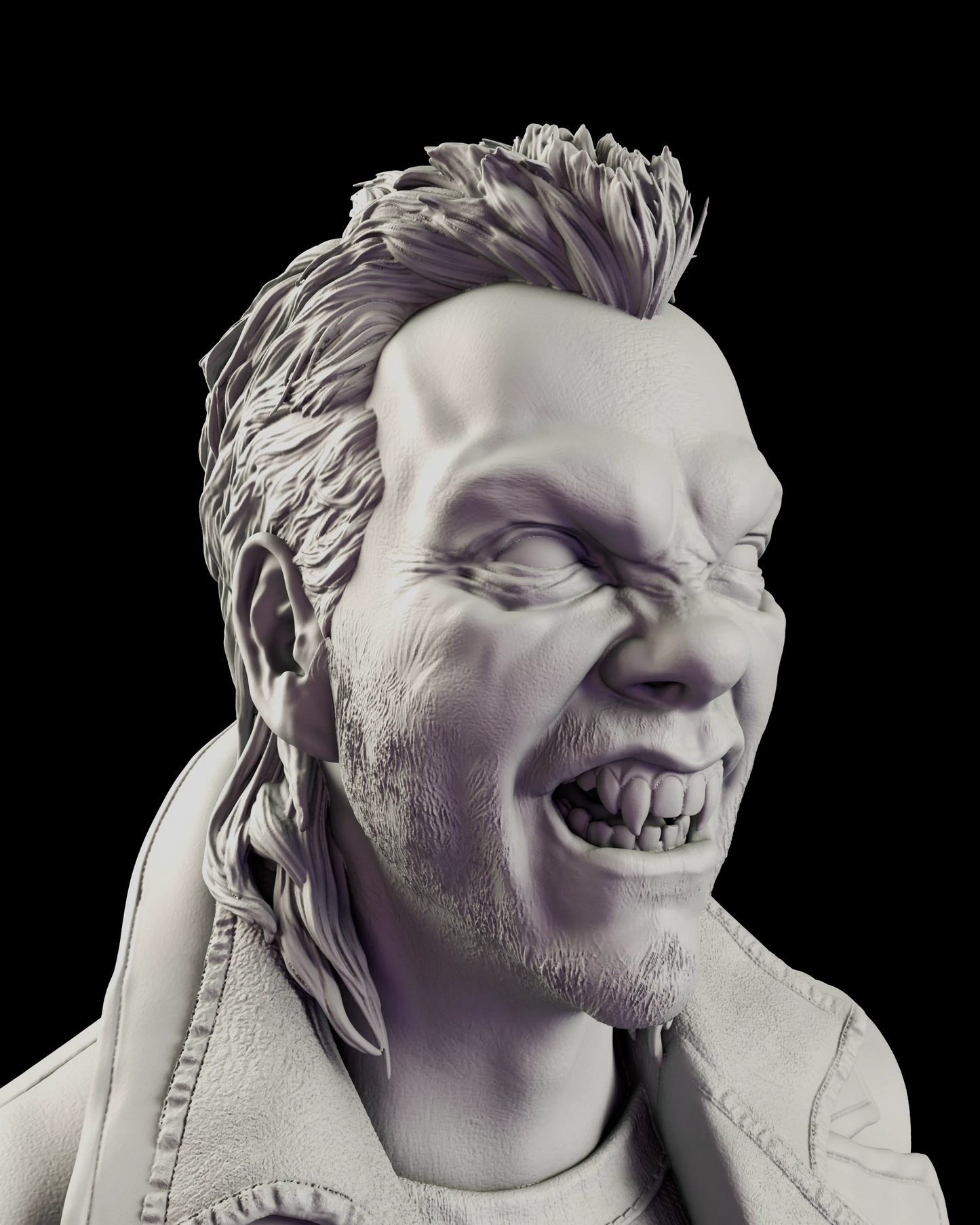 Portrait of the David bust figure model kit showing the ridged brow driven down over slitted eyes above a wide fanged snarl