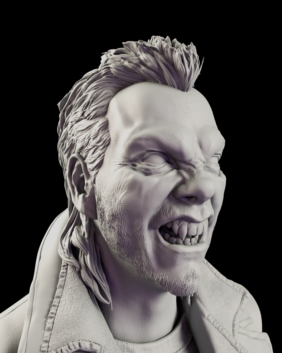 Portrait of the David bust figure model kit showing the ridged brow driven down over slitted eyes above a wide fanged snarl