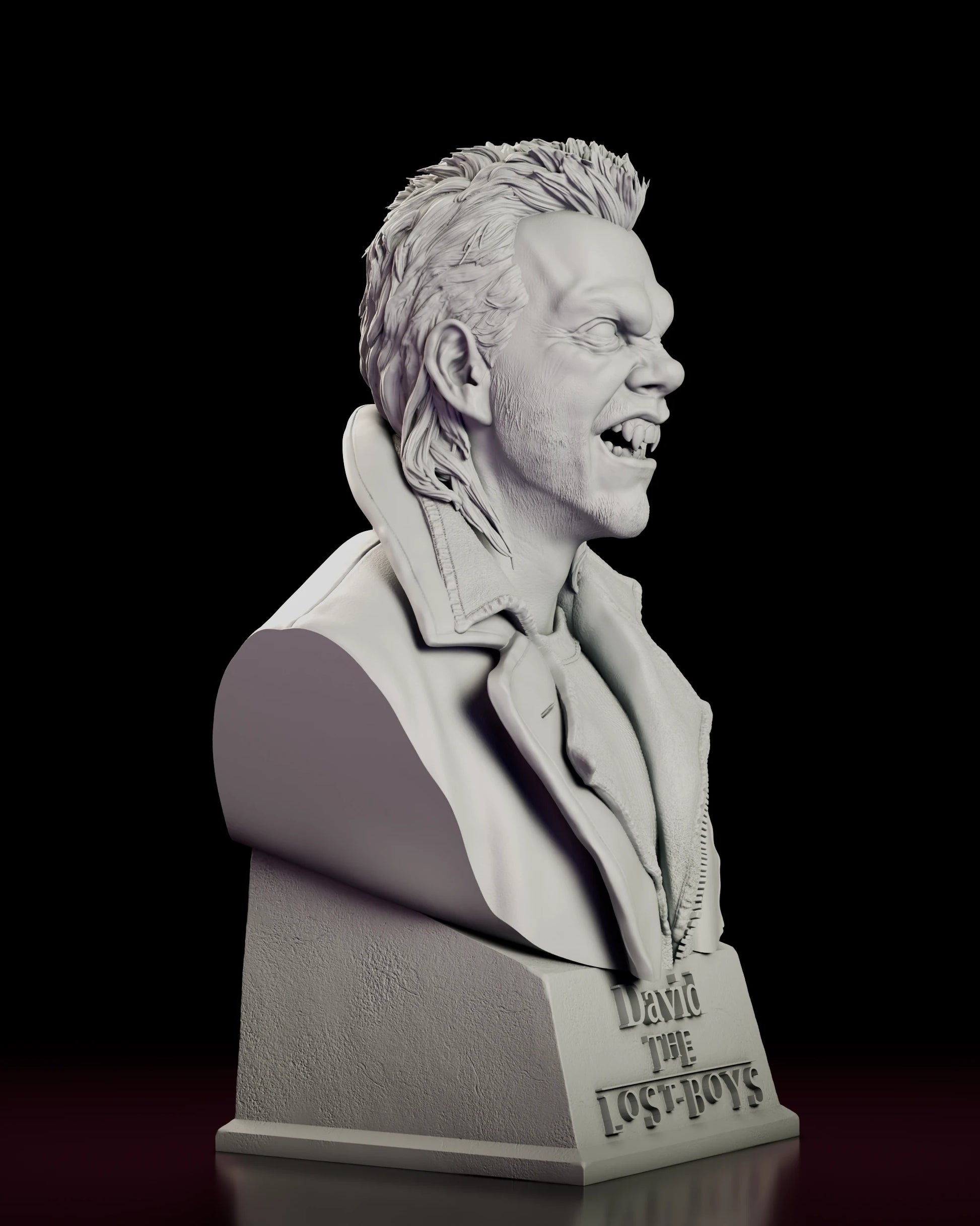 Right side view of the David bust figure model kit showing the swept mullet and the cut of the coat collar