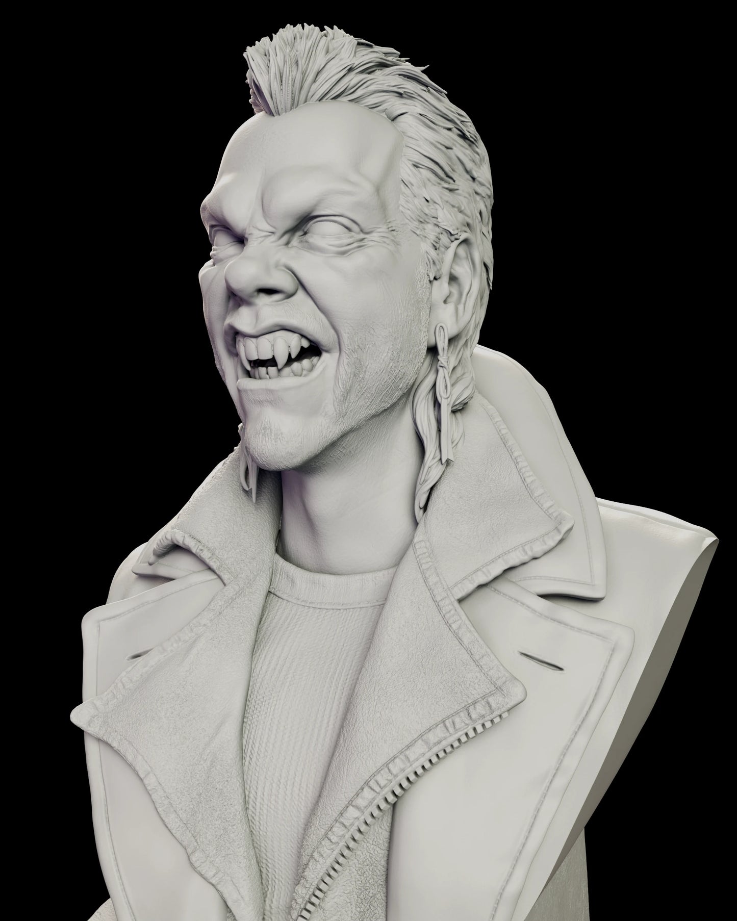 Three quarter detail of the David bust figure model kit showing the bared fangs, the drop earring at the jaw and the standing shearling collar