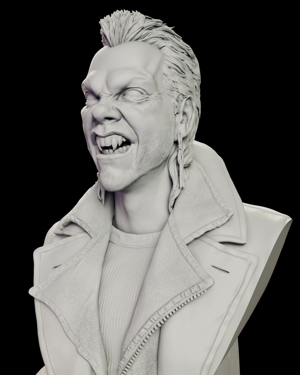 Three quarter detail of the David bust figure model kit showing the bared fangs, the drop earring at the jaw and the standing shearling collar