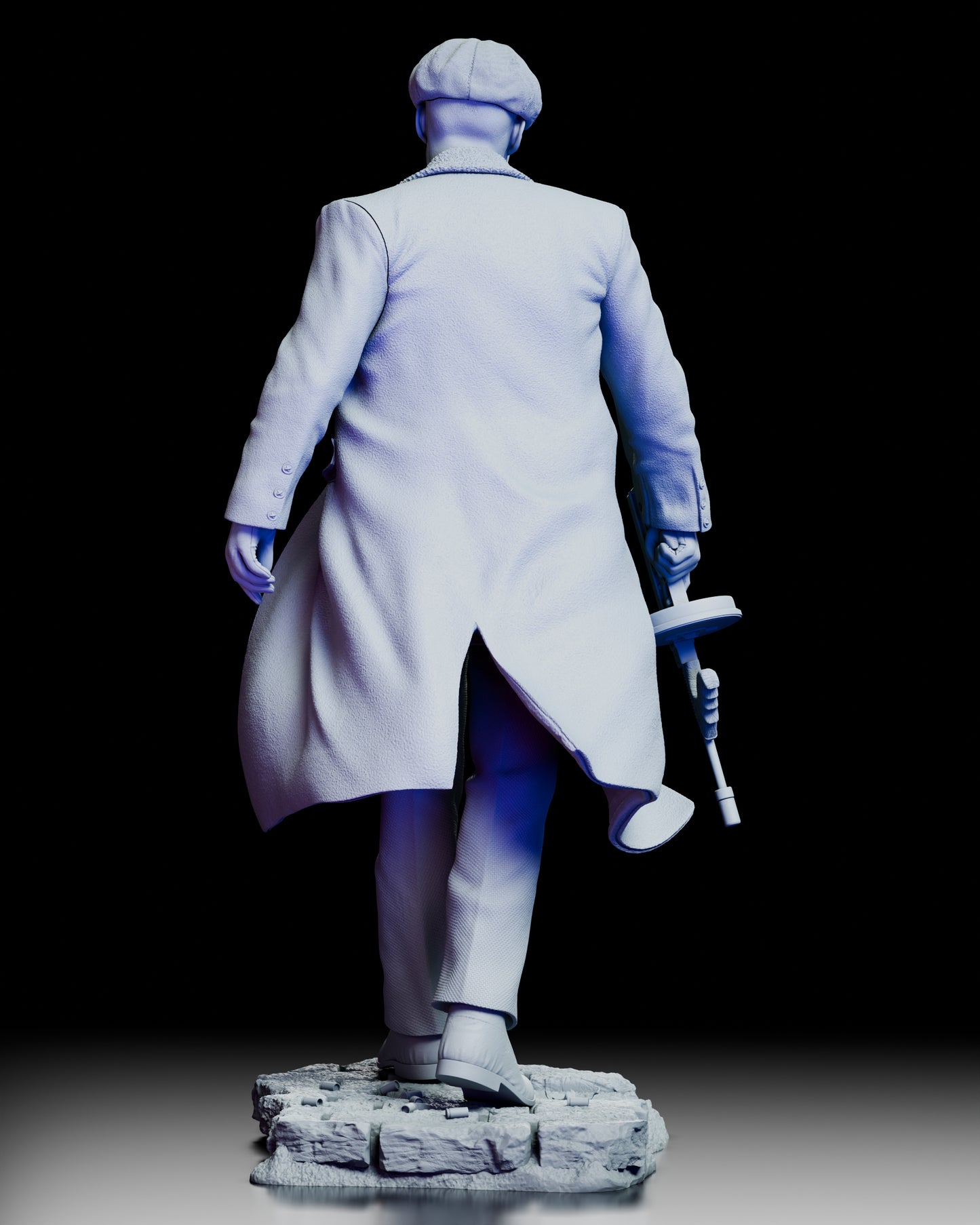 Rear view of Thomas Shelby figure model kit showing flowing overcoat and cobblestone base detail