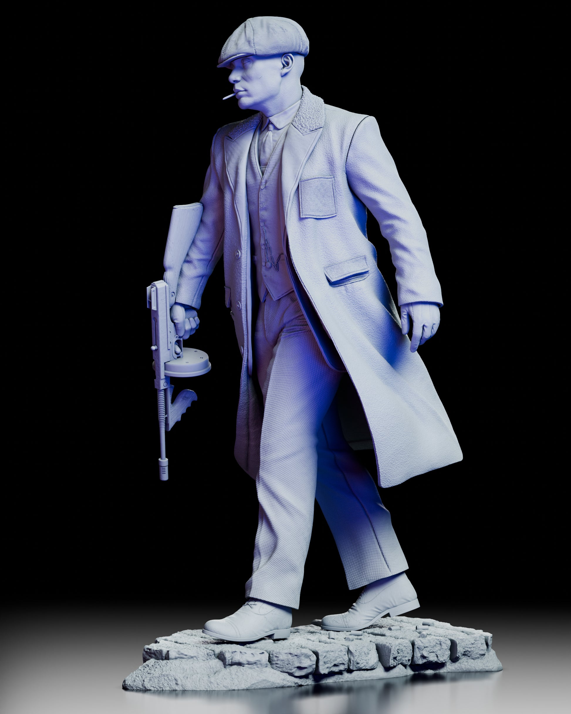 Left angled view of Thomas Shelby figure kit highlighting tailored suit textures and dynamic walking pose