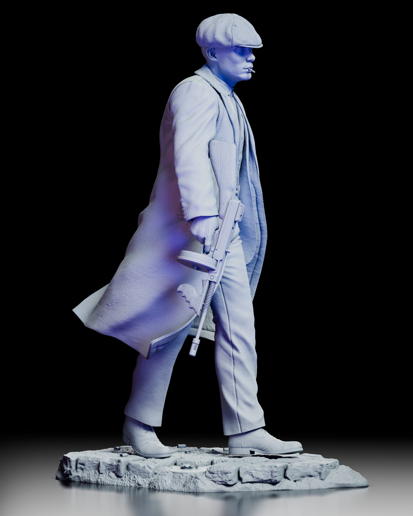 Right side profile of Thomas Shelby figure model kit with coat movement and period accurate weapon detail