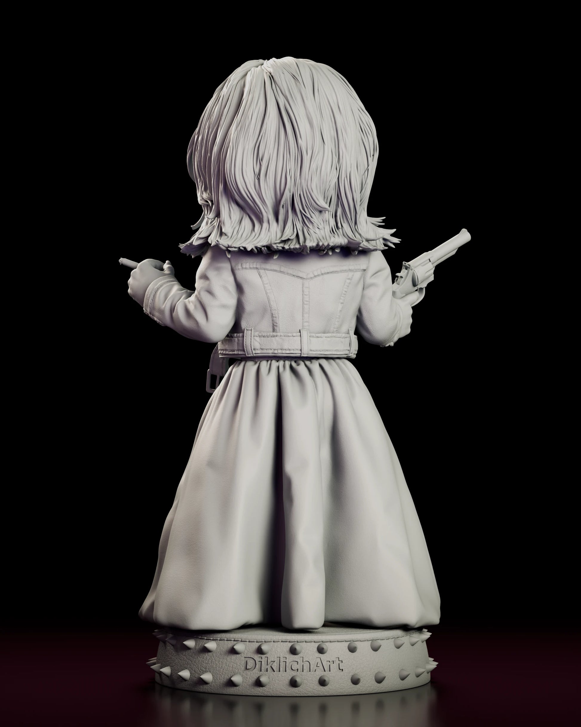 Rear view of the Tiffany figure model kit showing the seamed leather jacket, the belted waist and the studded base rim