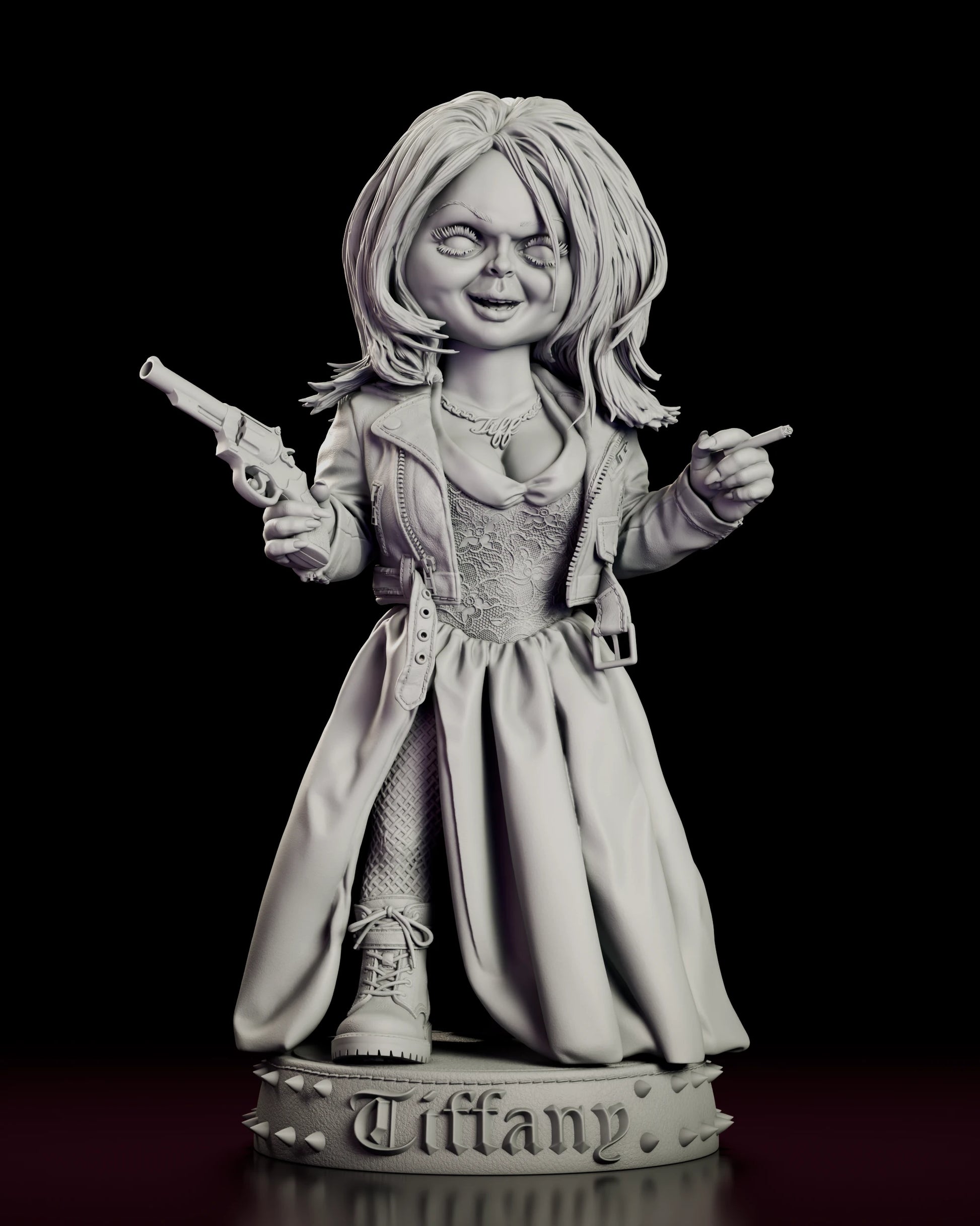 Front view of the Tiffany figure model kit standing on a round base carrying her name in gothic lettering