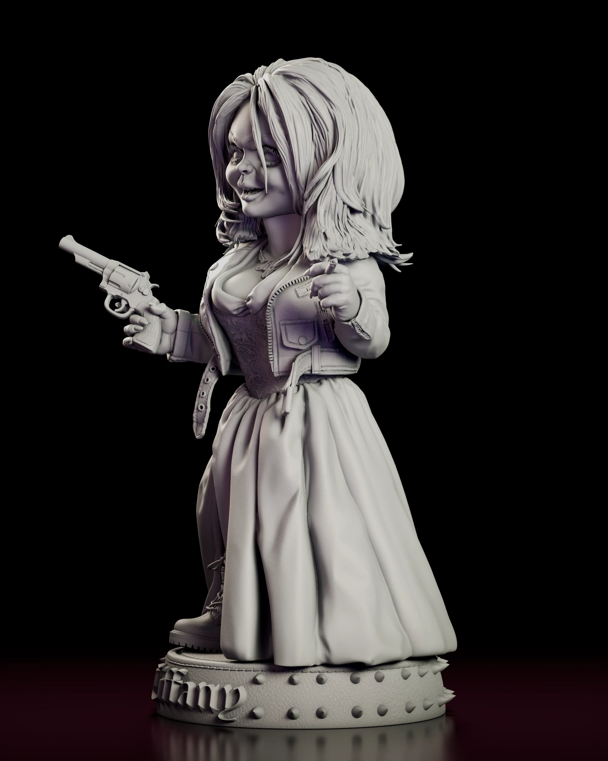 Left side view of the Tiffany figure model kit showing the cigarette hand, the split skirt and the laced combat boot