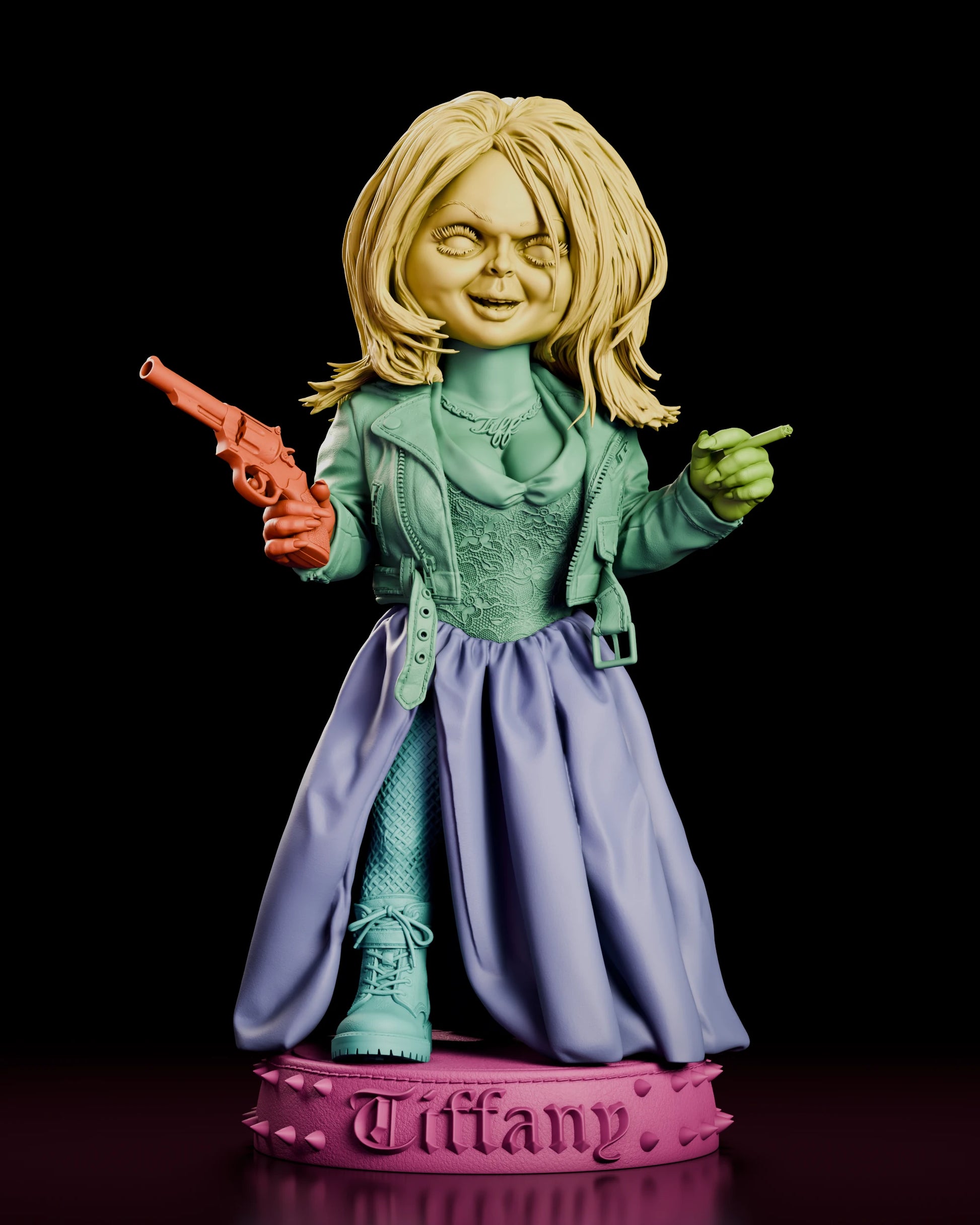 Parts breakdown of the Tiffany resin kit with the hair, torso, revolver arm, cigarette hand, skirt and base shown in separate colours