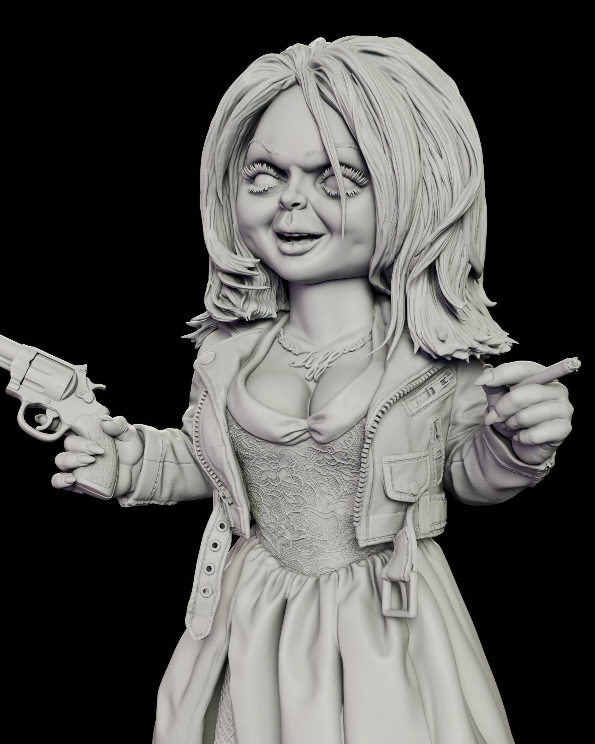Detail view of the Tiffany figure model kit showing the revolver, the cigarette and the lace corset under an open leather jacket