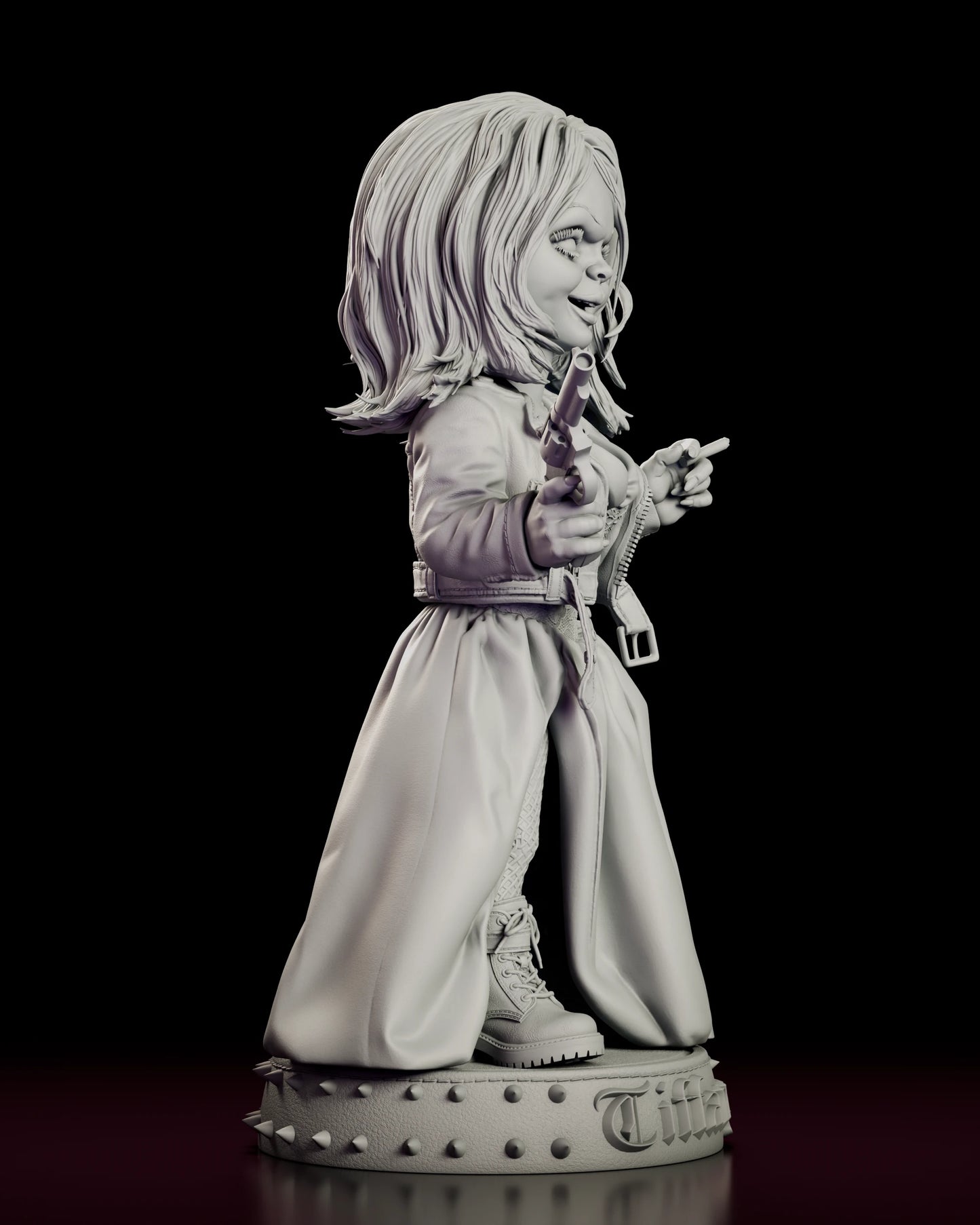 Right side view of the Tiffany figure model kit showing the revolver arm and the fall of the satin skirt