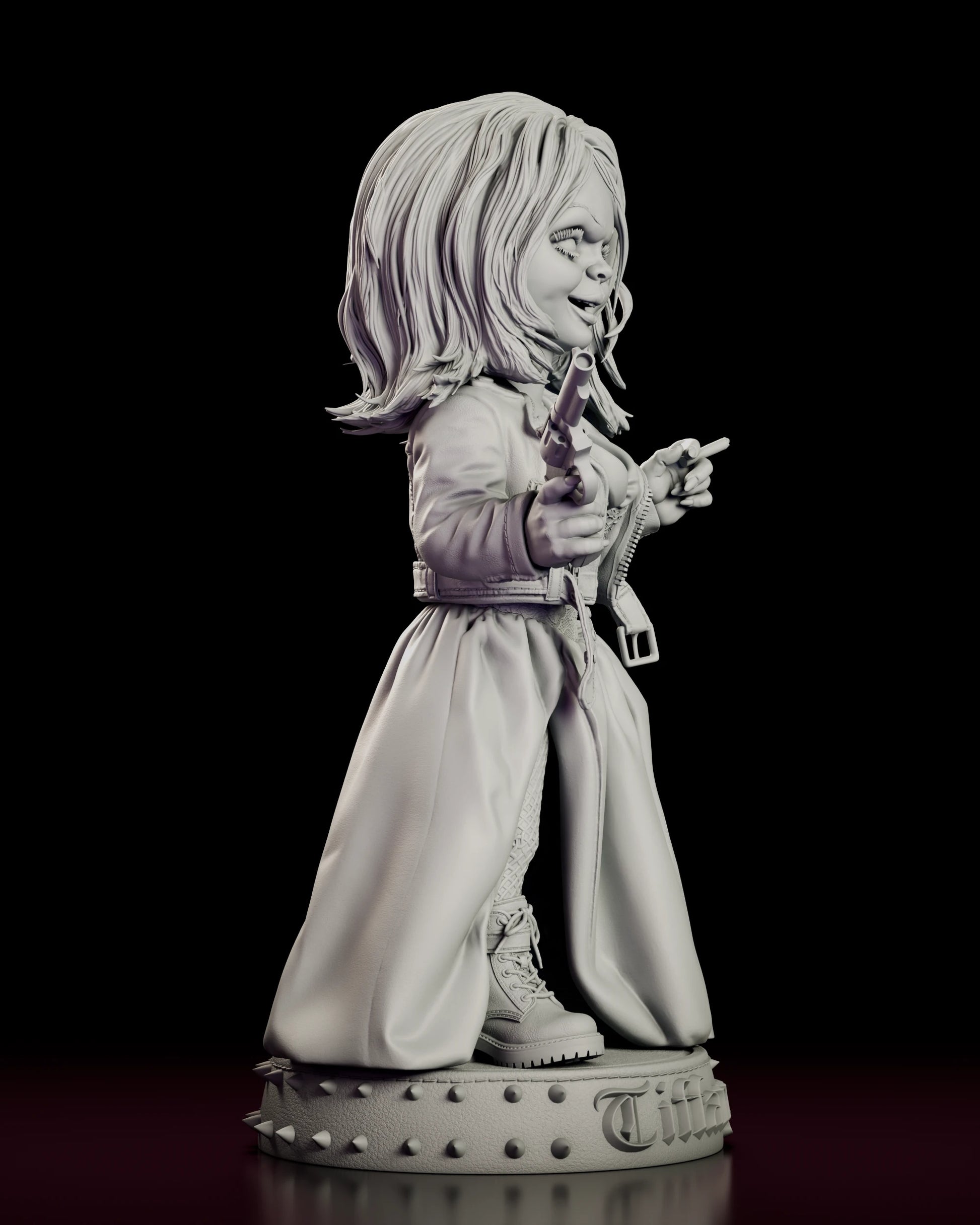 Right side view of the Tiffany figure model kit showing the revolver arm and the fall of the satin skirt