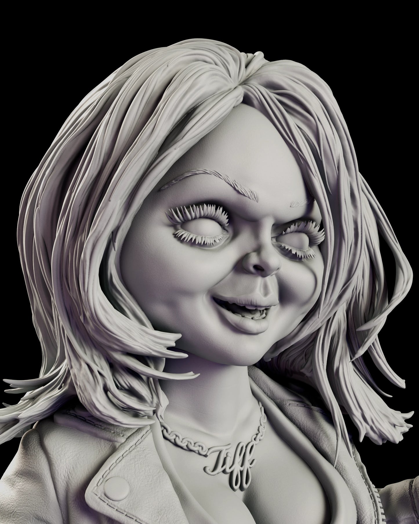Portrait view of the Tiffany figure model kit showing her sidelong grin, stitched brow scar and layered blonde hair