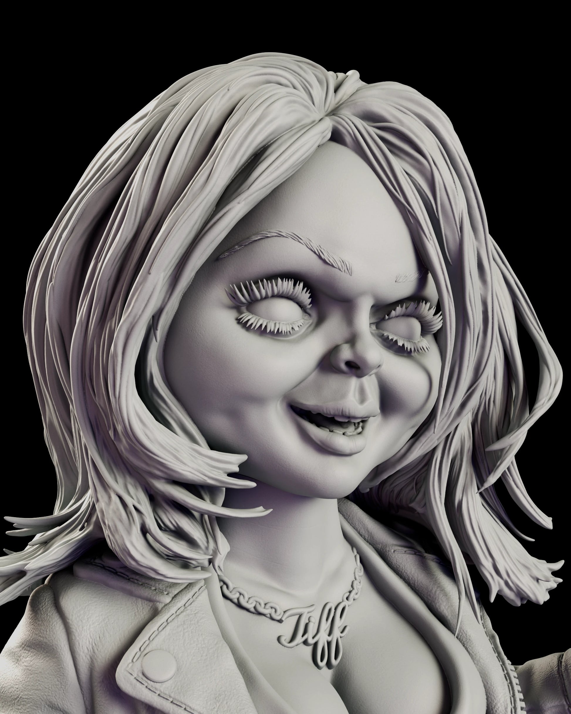 Portrait view of the Tiffany figure model kit showing her sidelong grin, stitched brow scar and layered blonde hair
