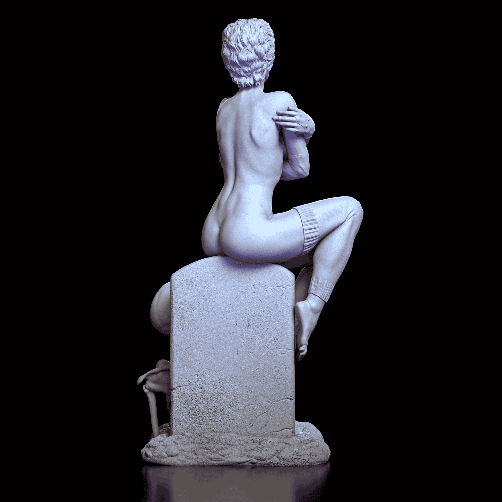 Back view of Trash figure highlighting detailed anatomy, short hair, and tombstone setting