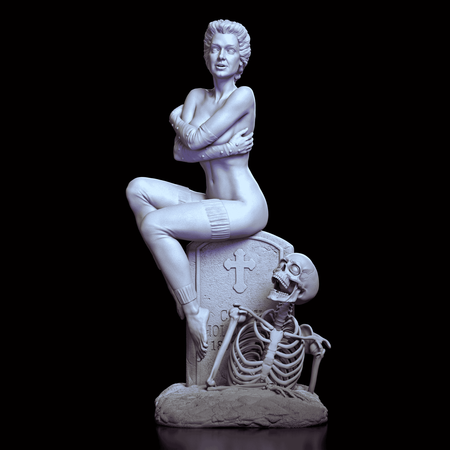 Front view of Trash maquette sitting atop tombstone with skeleton rising beside her in iconic pose