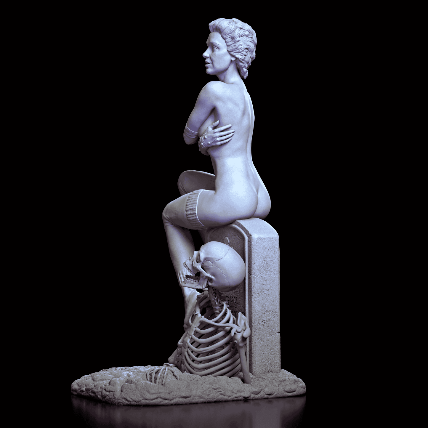 Left side of Trash maquette showing skeletal figure grasping tombstone and character’s expressive posture