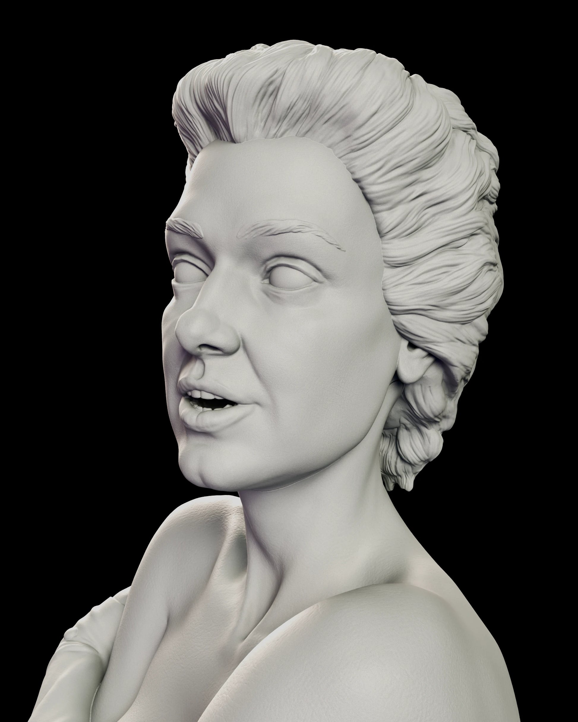 Portrait view of the Trash figure model kit showing the teased and swept back hair, parted lips and blank staring eyes