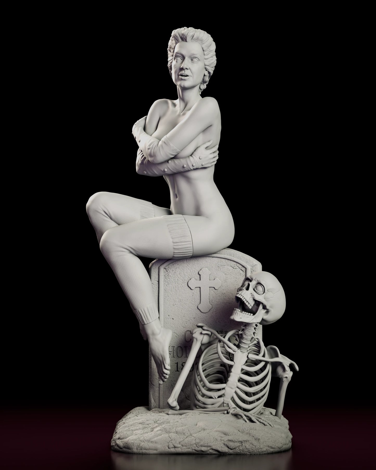 Front view of the Trash figure model kit seated on the headstone with arms crossed and one knee raised above the emerging skeleton