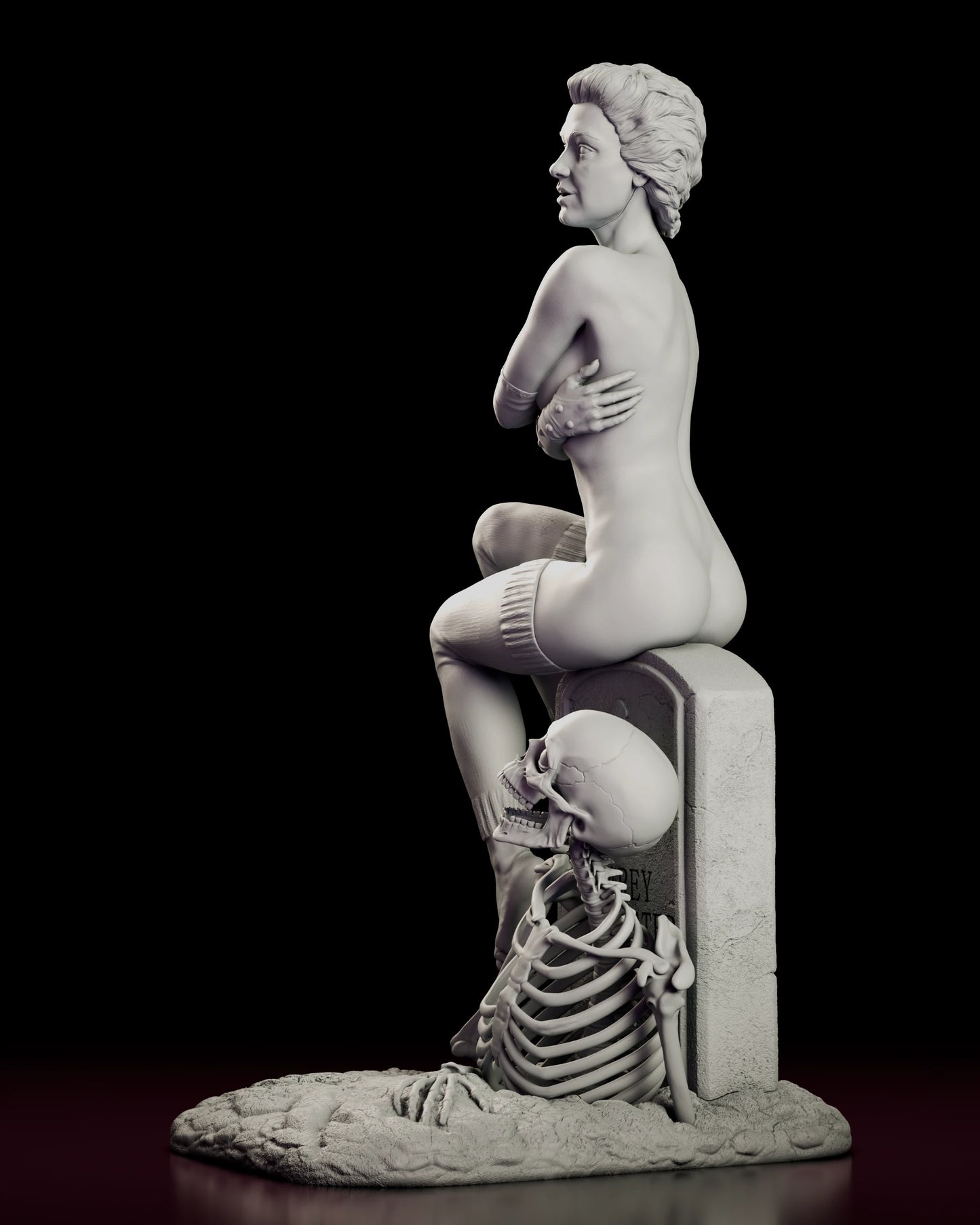 Left side view of the Trash figure model kit showing the seated pose against the weathered headstone and the broken ground of the base