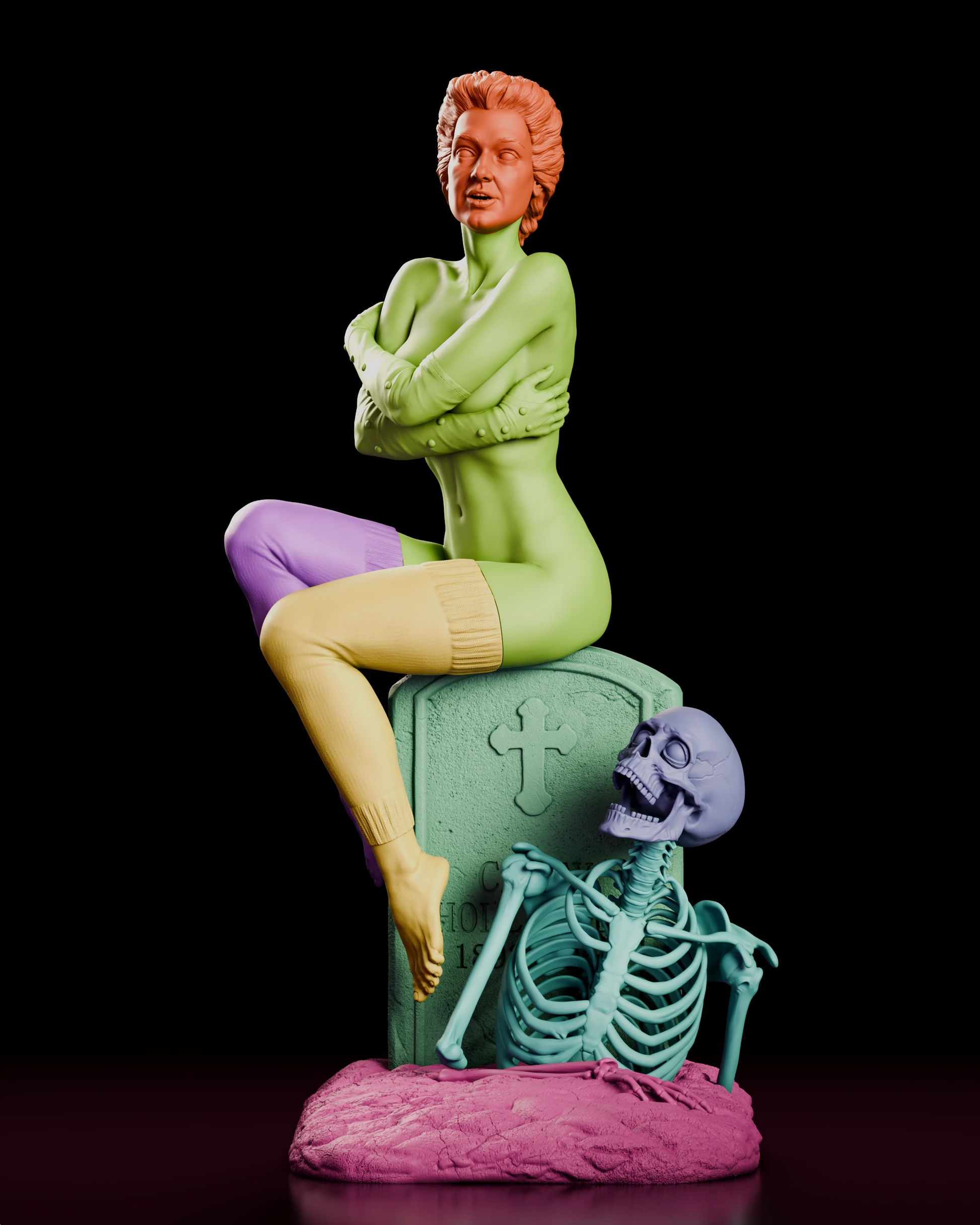Parts breakdown of the Trash figure model kit with each component shown in a separate color, including head, torso, arms, legs, headstone, skeleton and base