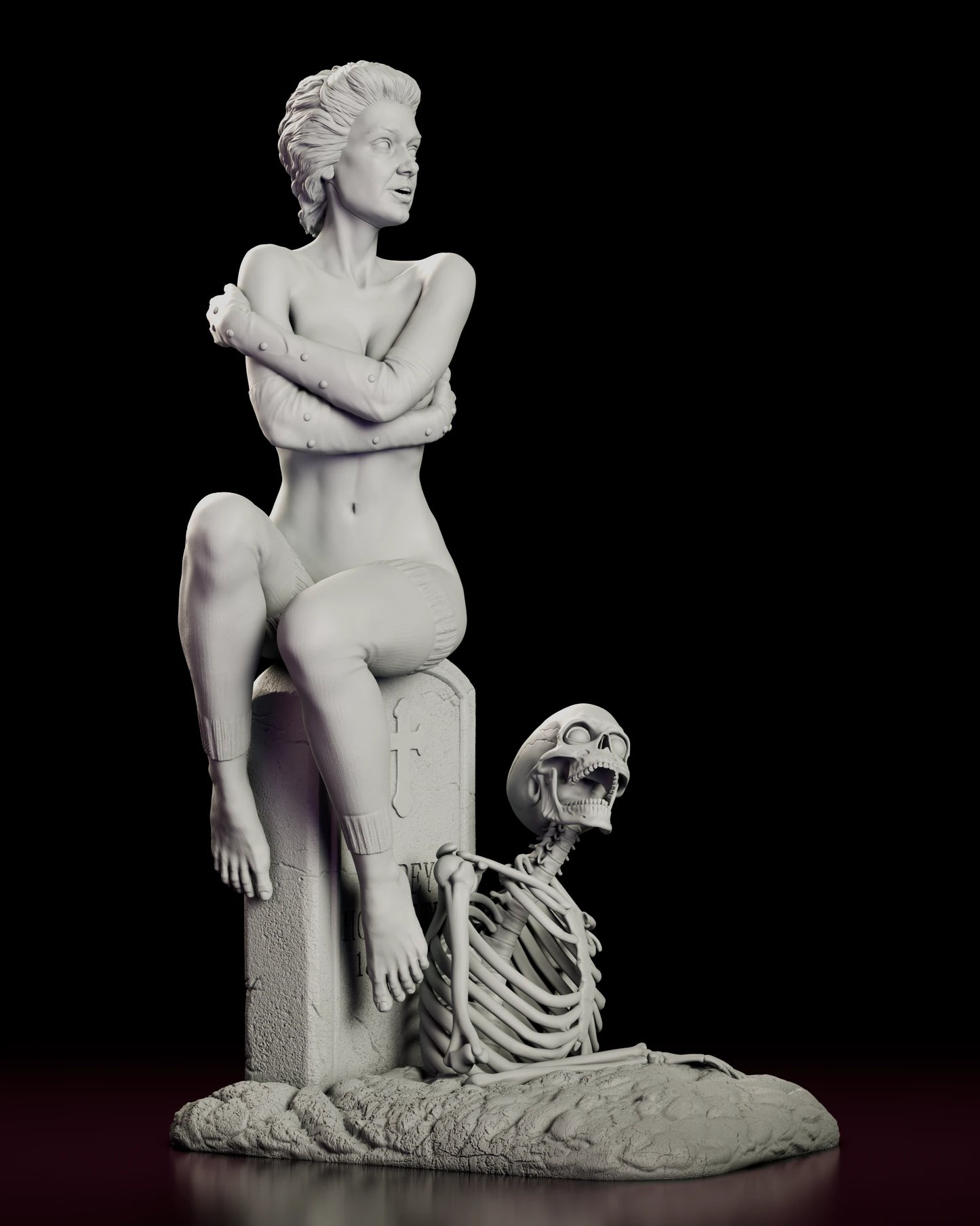 Right side view of the Trash figure model kit showing the raised knee, the slouched leg warmers and the skeleton reaching around the base of the stone