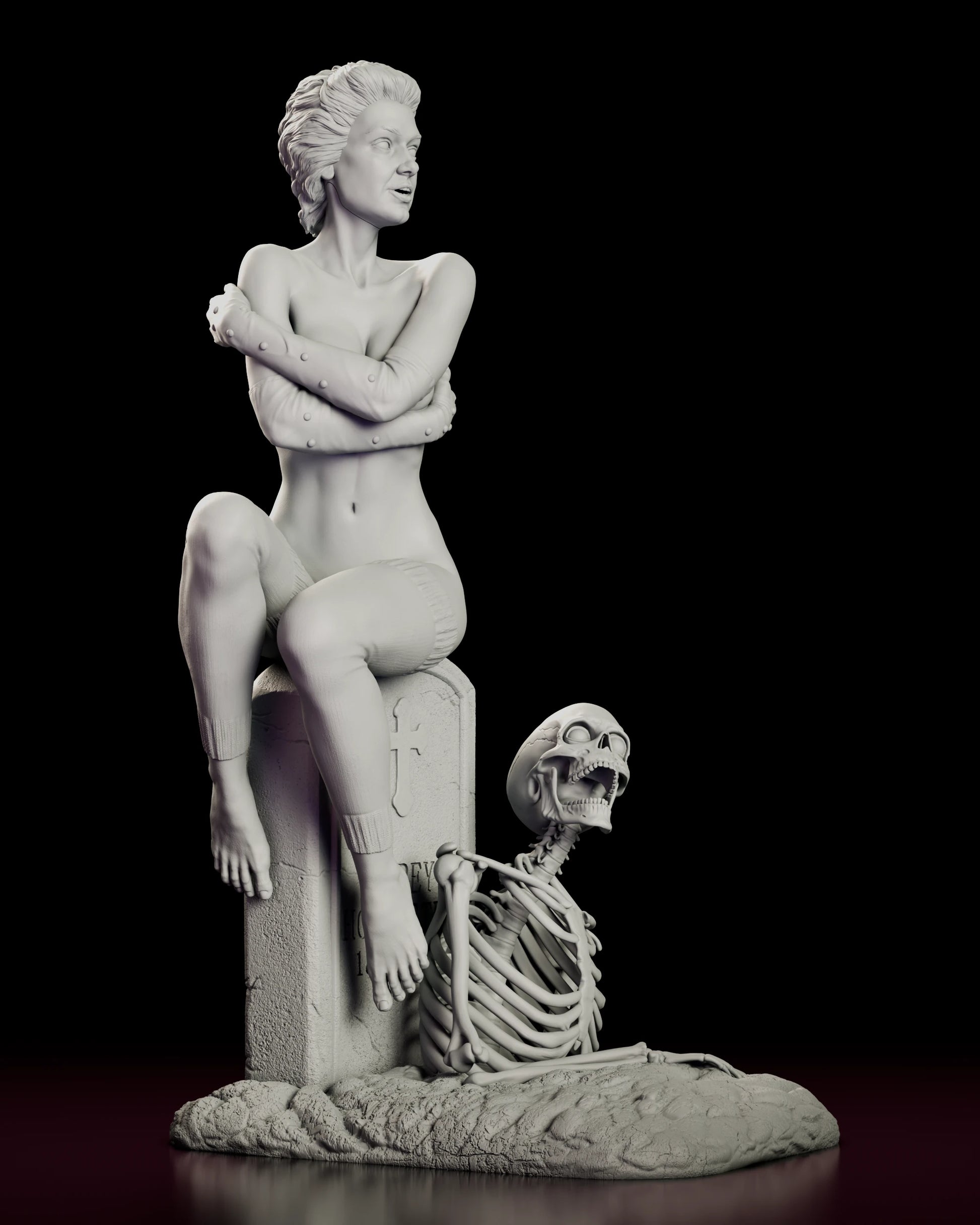 Right side view of the Trash figure model kit showing the raised knee, the slouched leg warmers and the skeleton reaching around the base of the stone