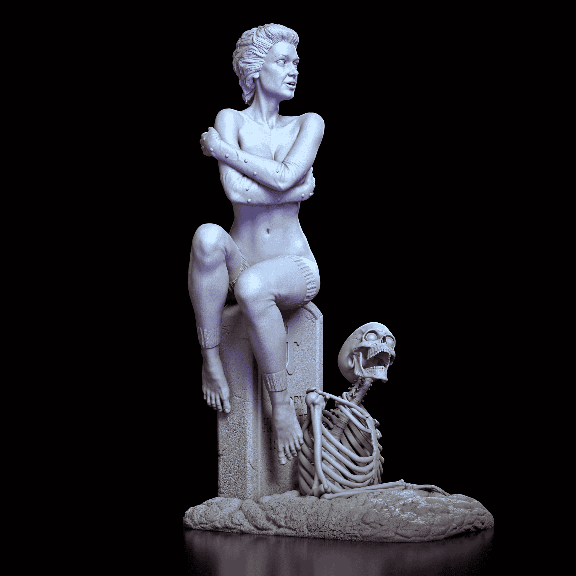 Right side view of Trash model displaying hair texture, crossed arms, and dramatic graveyard base