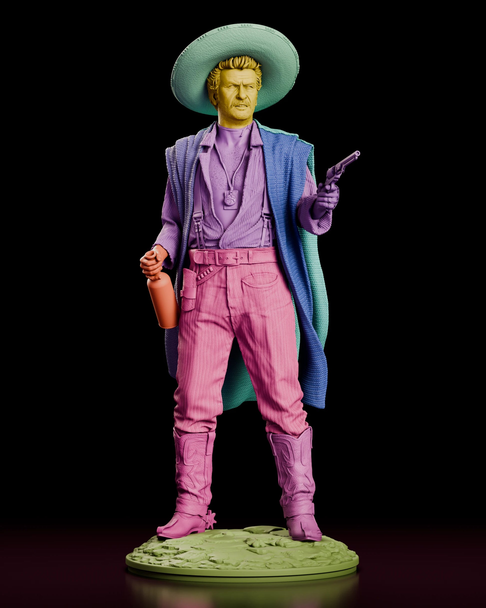 Front view of the Tuco Ramirez western outlaw figure model kit showing each part in a different color.