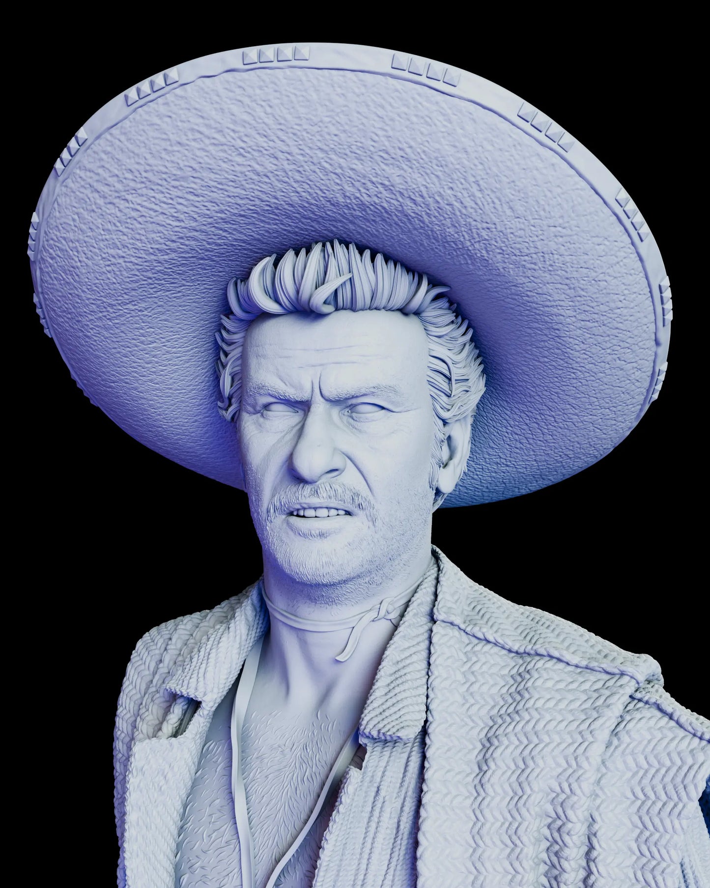 Close-up portrait of the Tuco Ramirez western outlaw figure model kit showing facial expression beneath a wide sombrero
