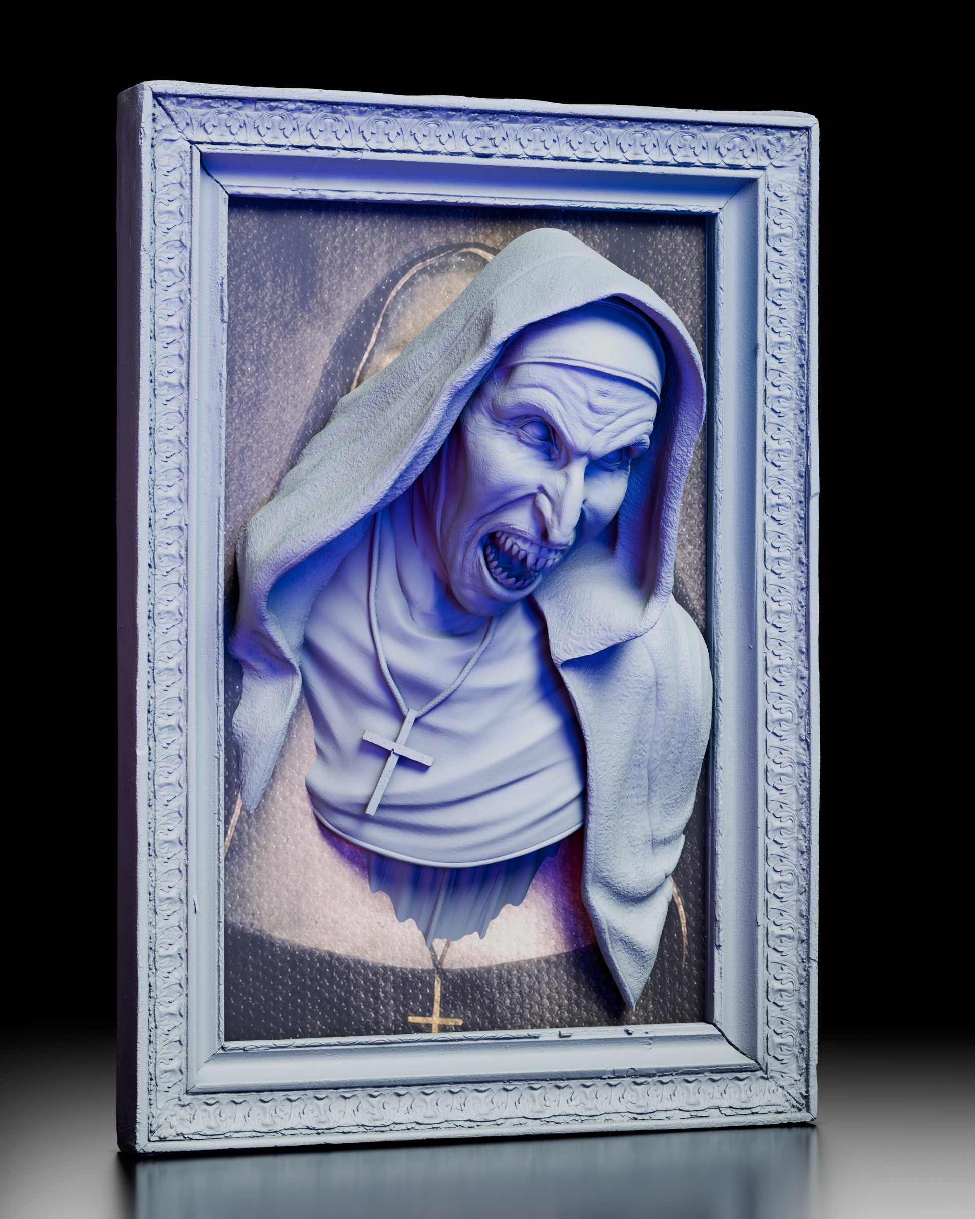 Right angled view of the Valak wall portrait bust showing the frame edge detailing and cross necklace.
