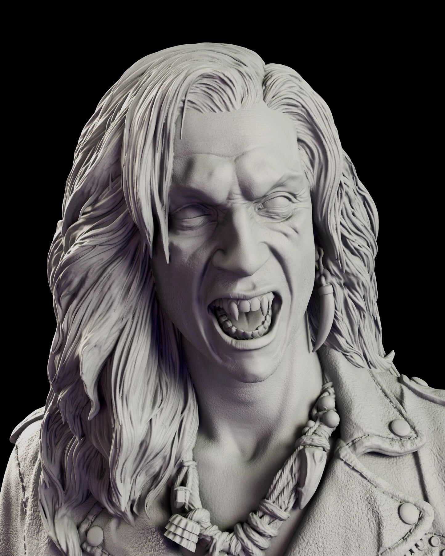 Portrait of the vampire Dwayne figure model kit with the brow creased, the eyes screwed shut and the mouth hauled wide on a full set of fangs