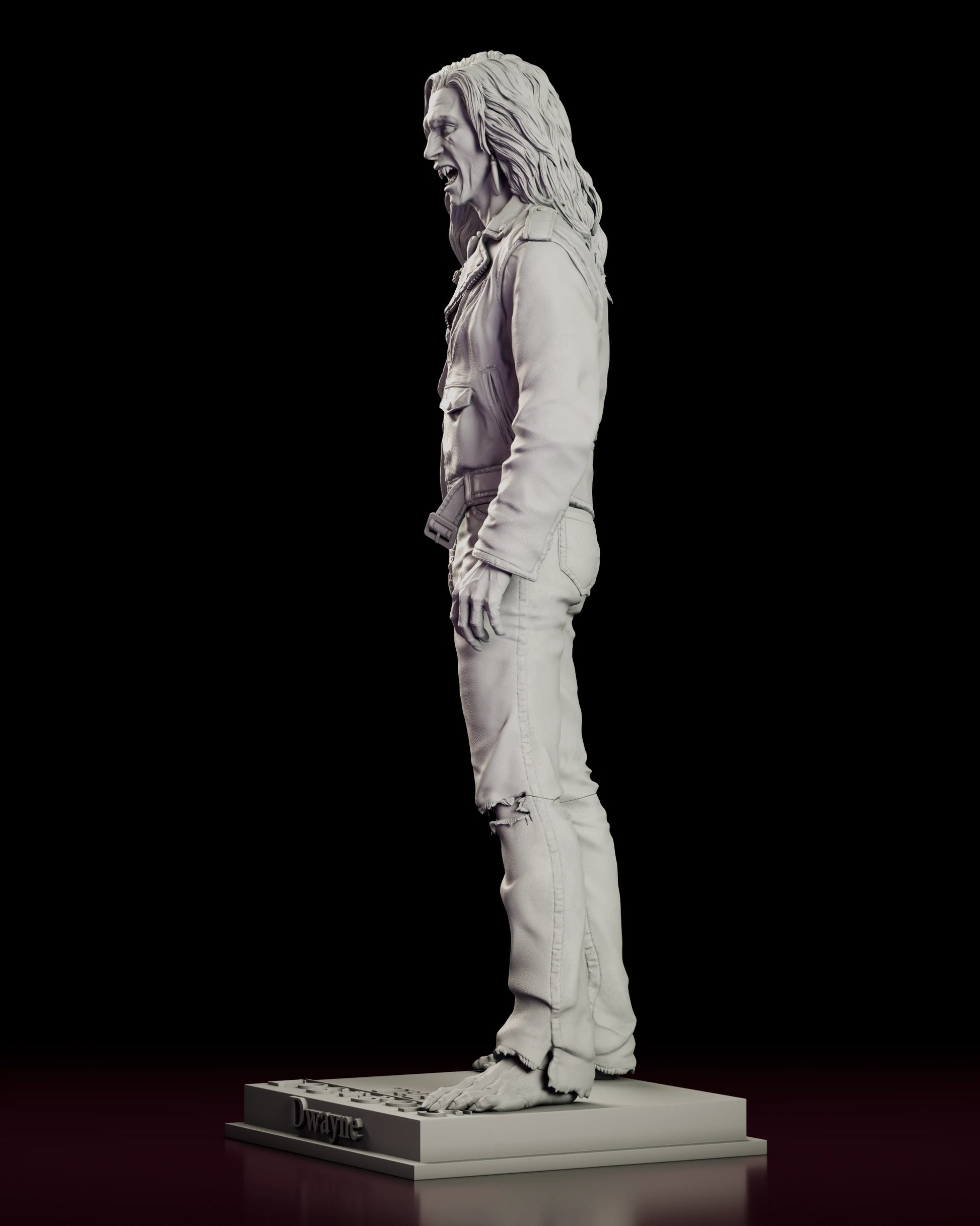 Left side view of the vampire Dwayne figure model kit showing the buckled belt, the torn knee of the jeans and the clawed hand at his side