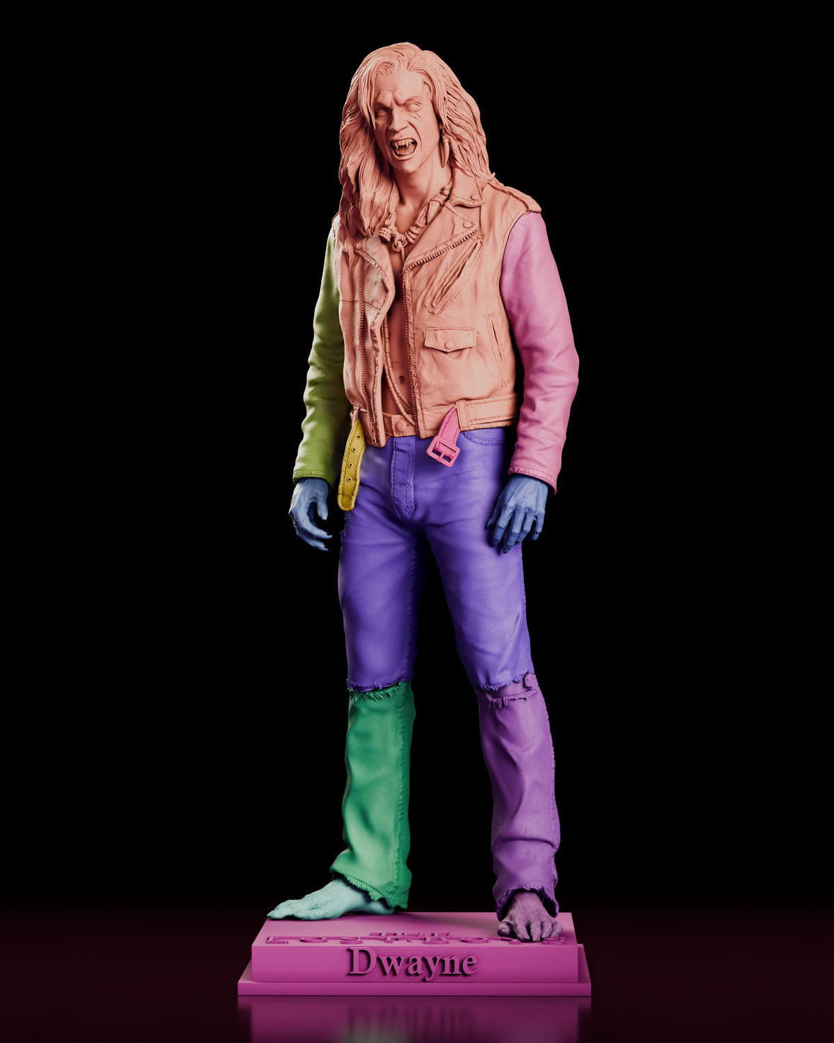 Parts breakdown render of the vampire Dwayne figure model kit showing the head, jacketed torso, both arms, both legs and the base as separate components