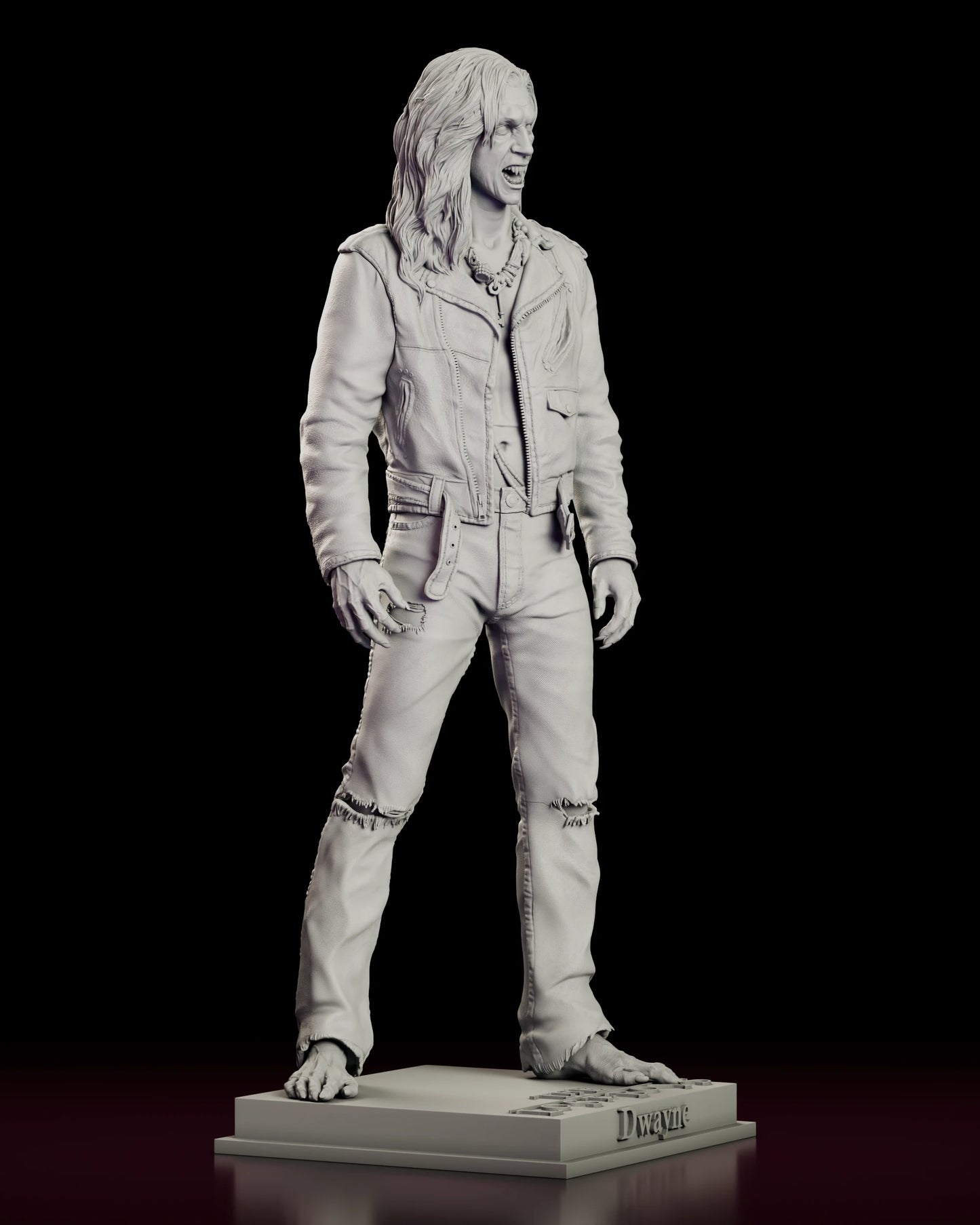 Right side view of the vampire Dwayne figure model kit showing the cropped jacket, the fall of the long hair and the bare feet on the base