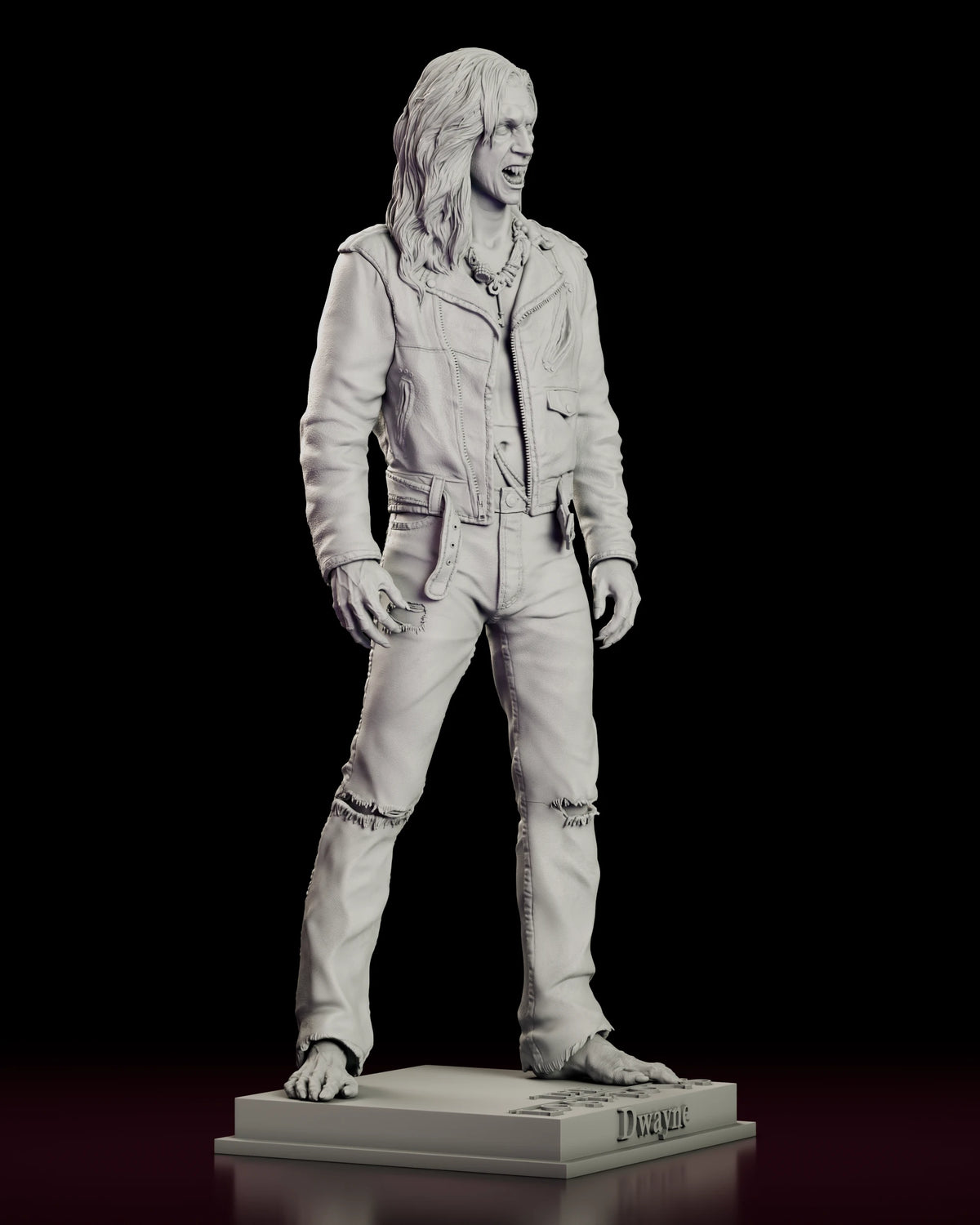 Right side view of the vampire Dwayne figure model kit showing the cropped jacket, the fall of the long hair and the bare feet on the base