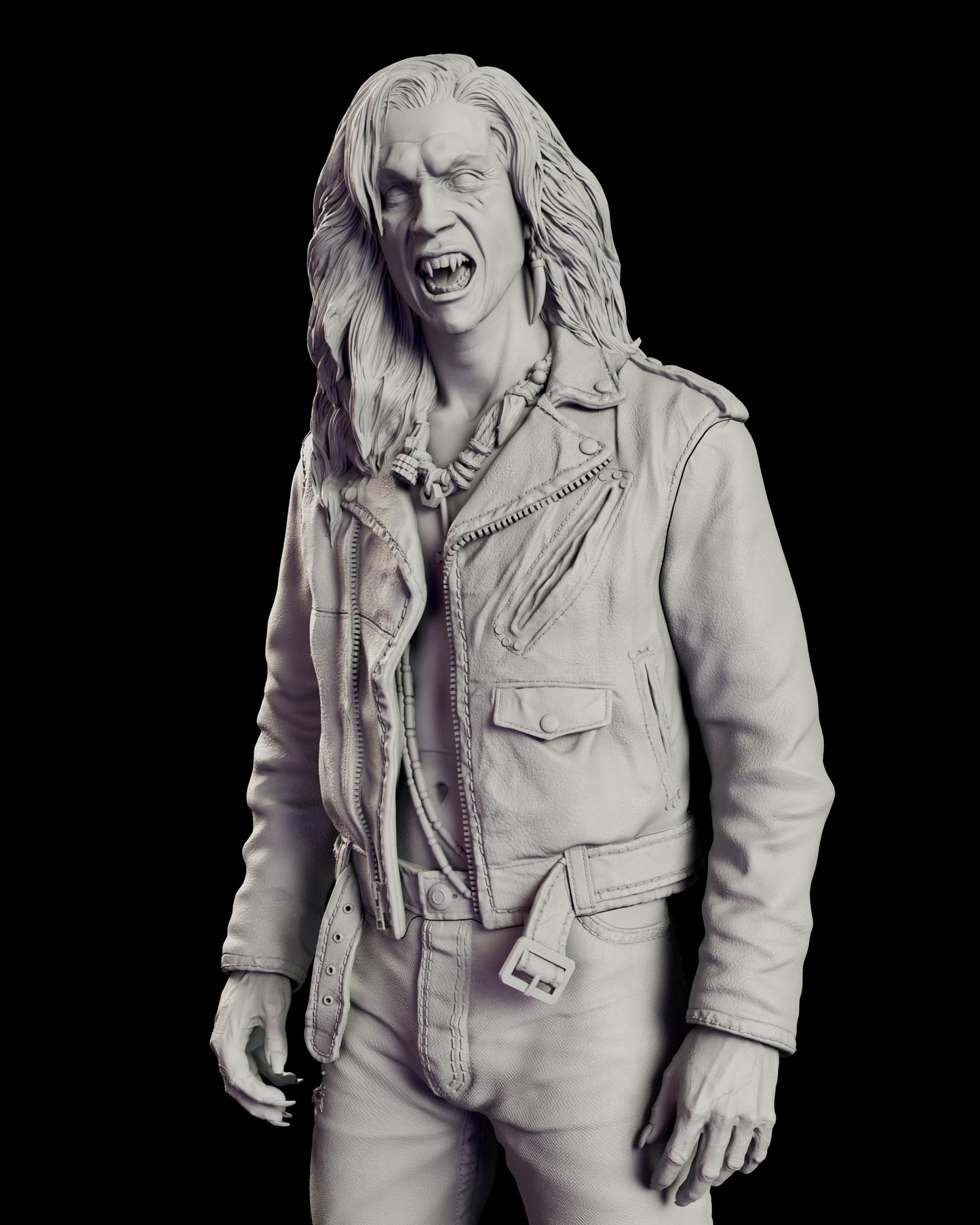 Upper body detail of the vampire Dwayne figure model kit showing the screaming fanged face above the open biker jacket and the beaded charm necklace