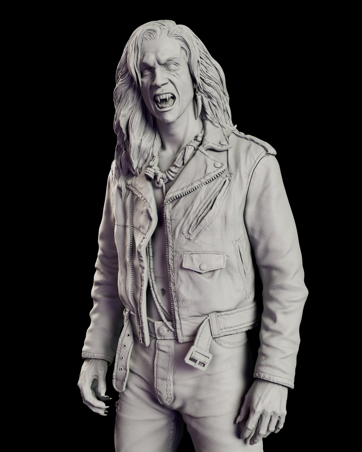 Upper body detail of the vampire Dwayne figure model kit showing the screaming fanged face above the open biker jacket and the beaded charm necklace