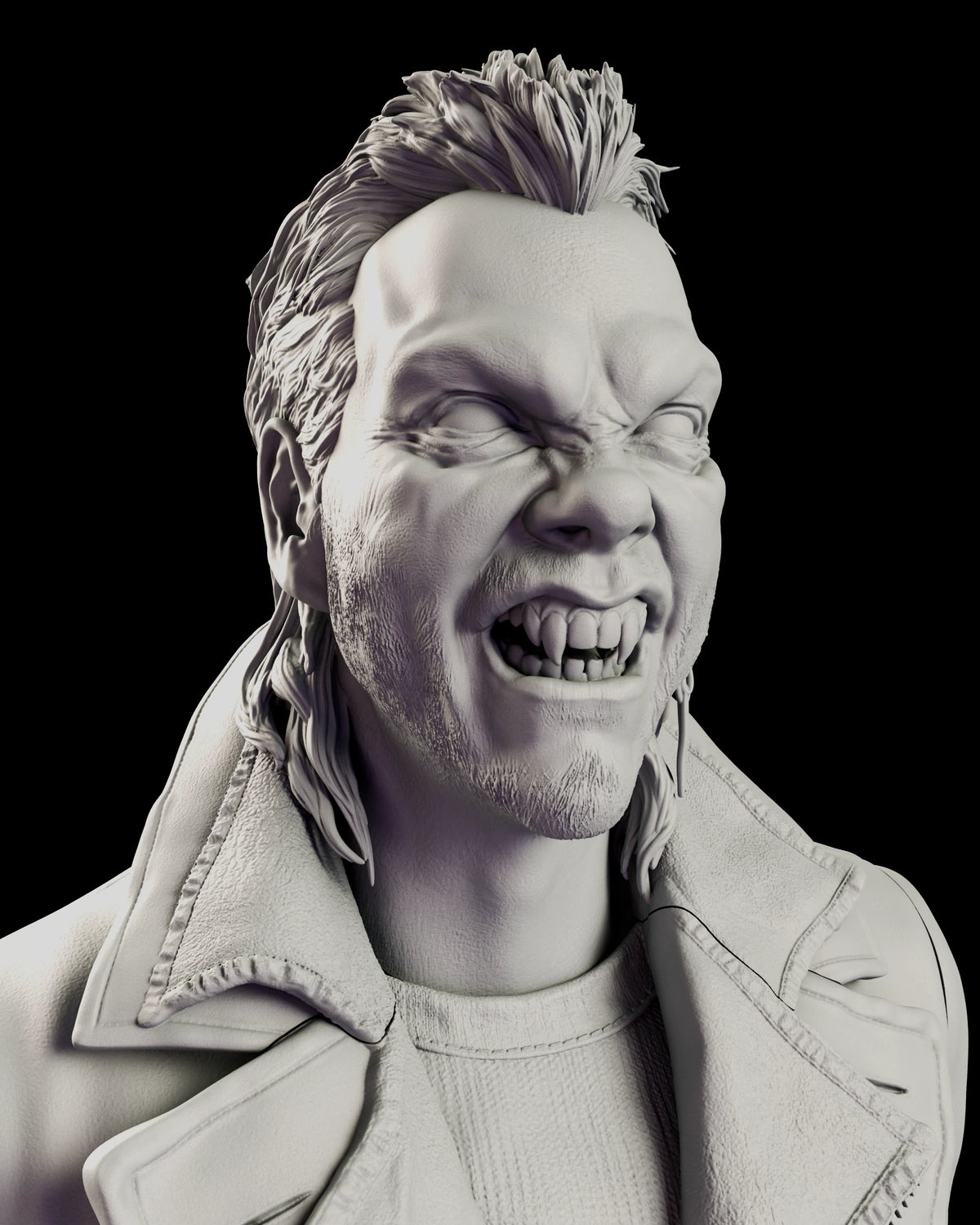 Portrait of the vampire David figure model kit with the brow ridged, the eyes screwed to slits and the mouth open on a full set of fangs