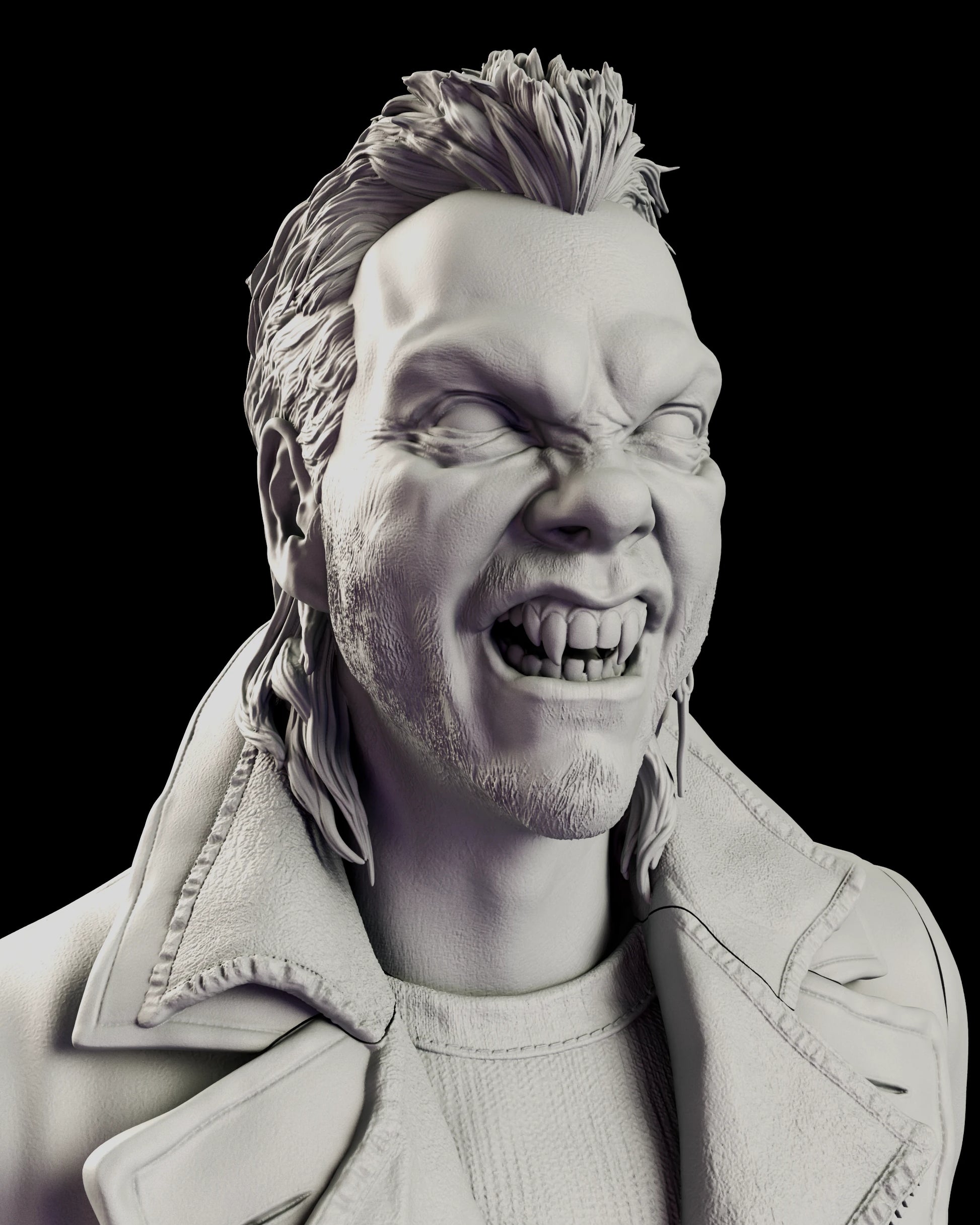 Portrait of the vampire David figure model kit with the brow ridged, the eyes screwed to slits and the mouth open on a full set of fangs
