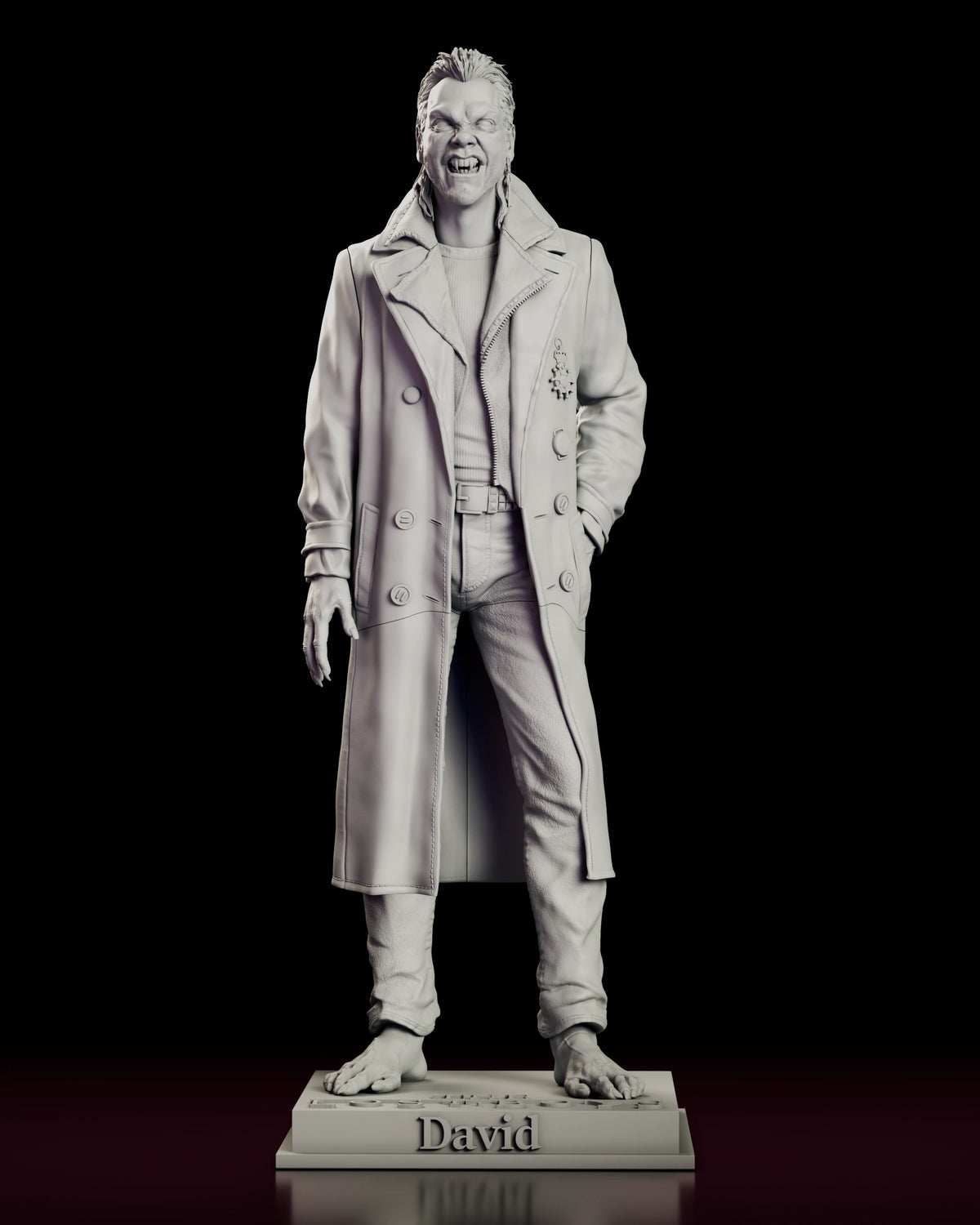 Front view of the vampire David figure model kit standing barefoot with one hand in a coat pocket and hooked nails on the other