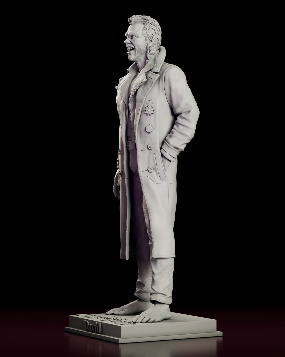 Left side view of the vampire David figure model kit showing the drape of the coat and the clawed hand hanging clear of the hem
