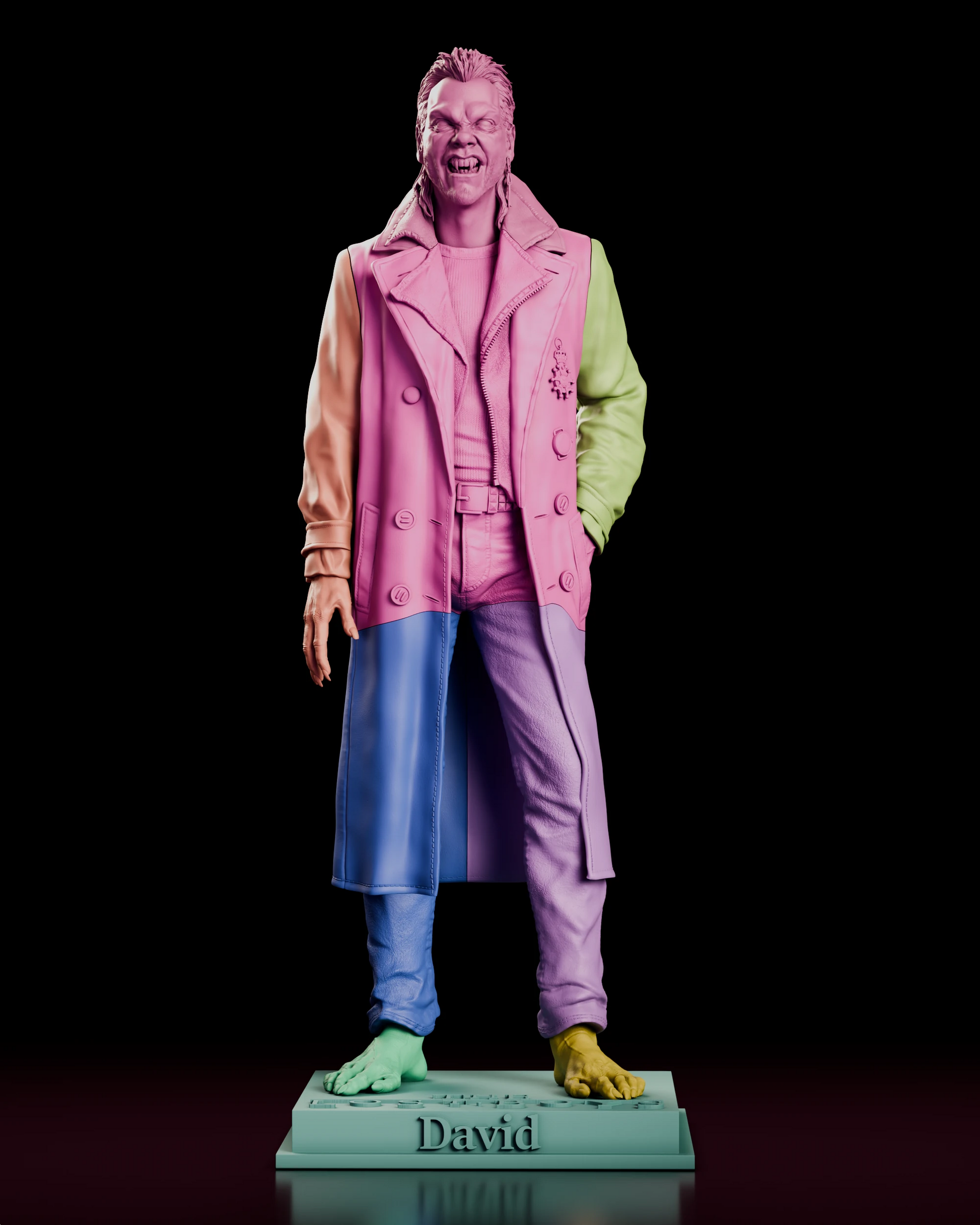 Parts breakdown render of the vampire David figure model kit showing the head, coated torso, both arms, both legs and the base as separate components