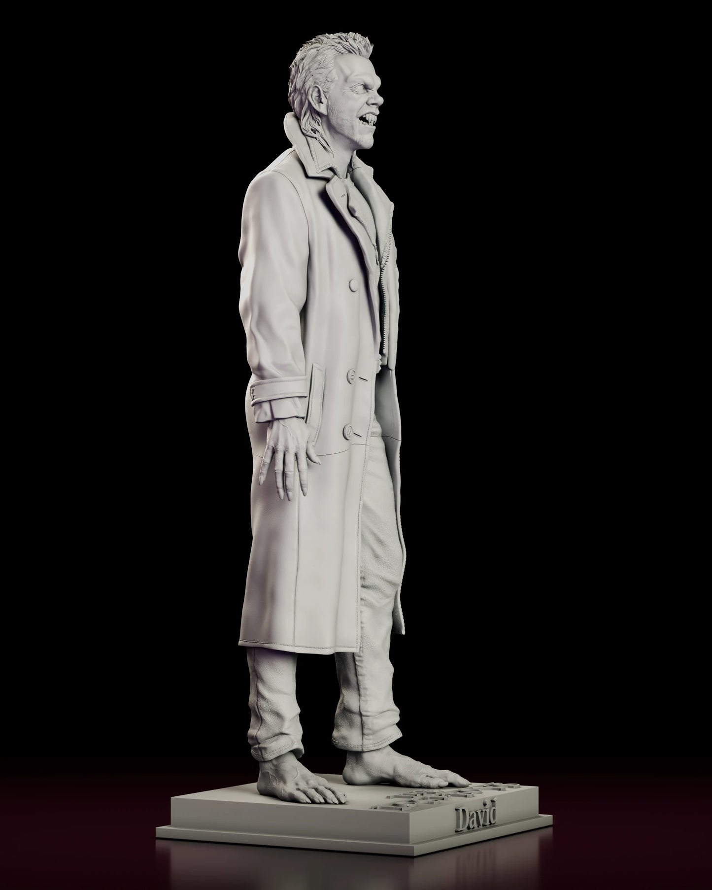 Right side view of the vampire David figure model kit showing the fall of the long coat and the bare feet planted on the plinth