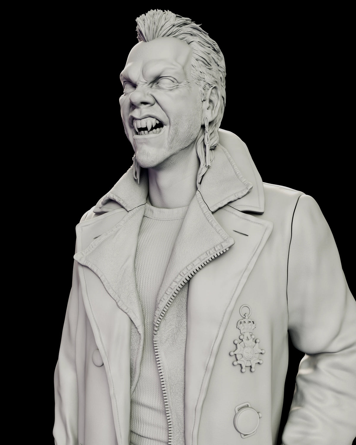 Upper body detail of the vampire David figure model kit showing the snarling fanged face above the shearling collar and the crowned medal pinned to the coat